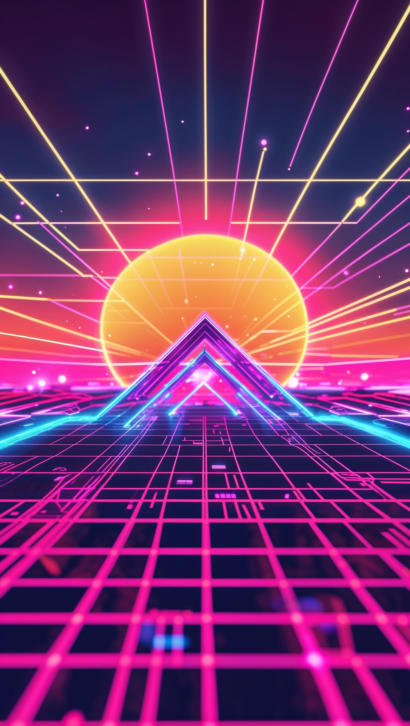 Retro 3D wireframe grid with a neon sunset in background, synthwave vibe