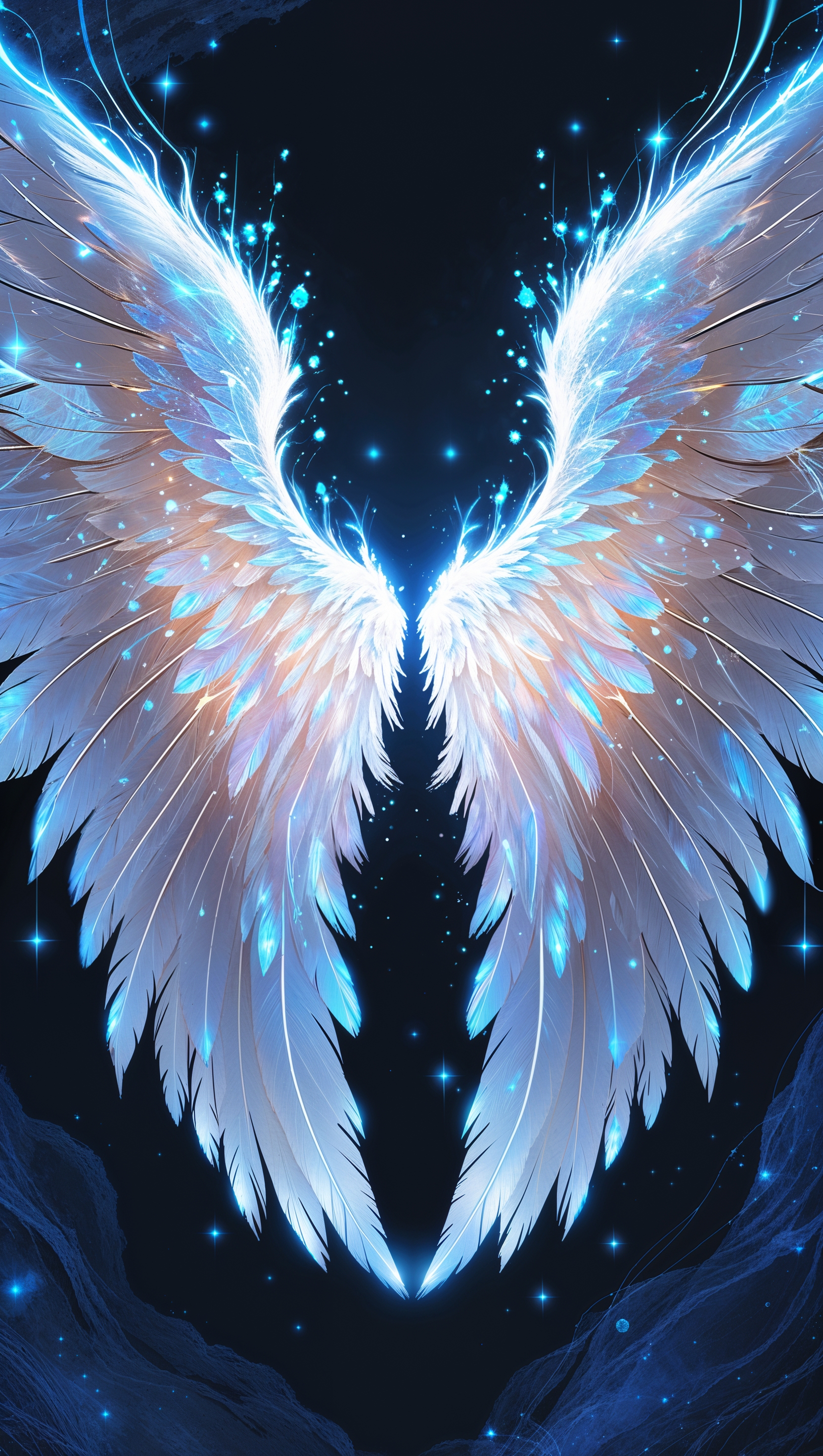 Neon wings outline with bright light rays and glowing feather effects