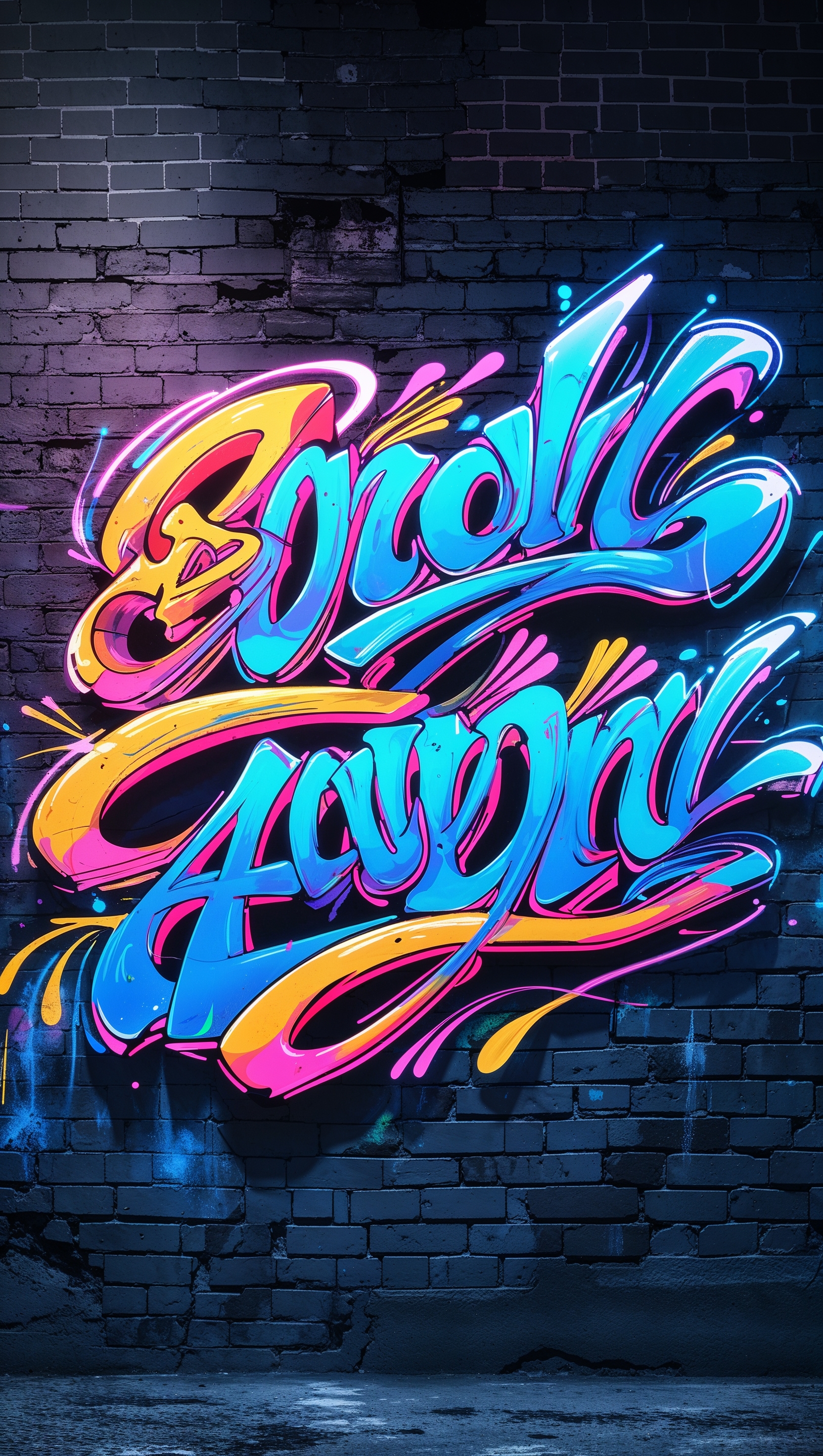 Neon graffiti-style lettering glowing on a brick wall, colorful and edgy