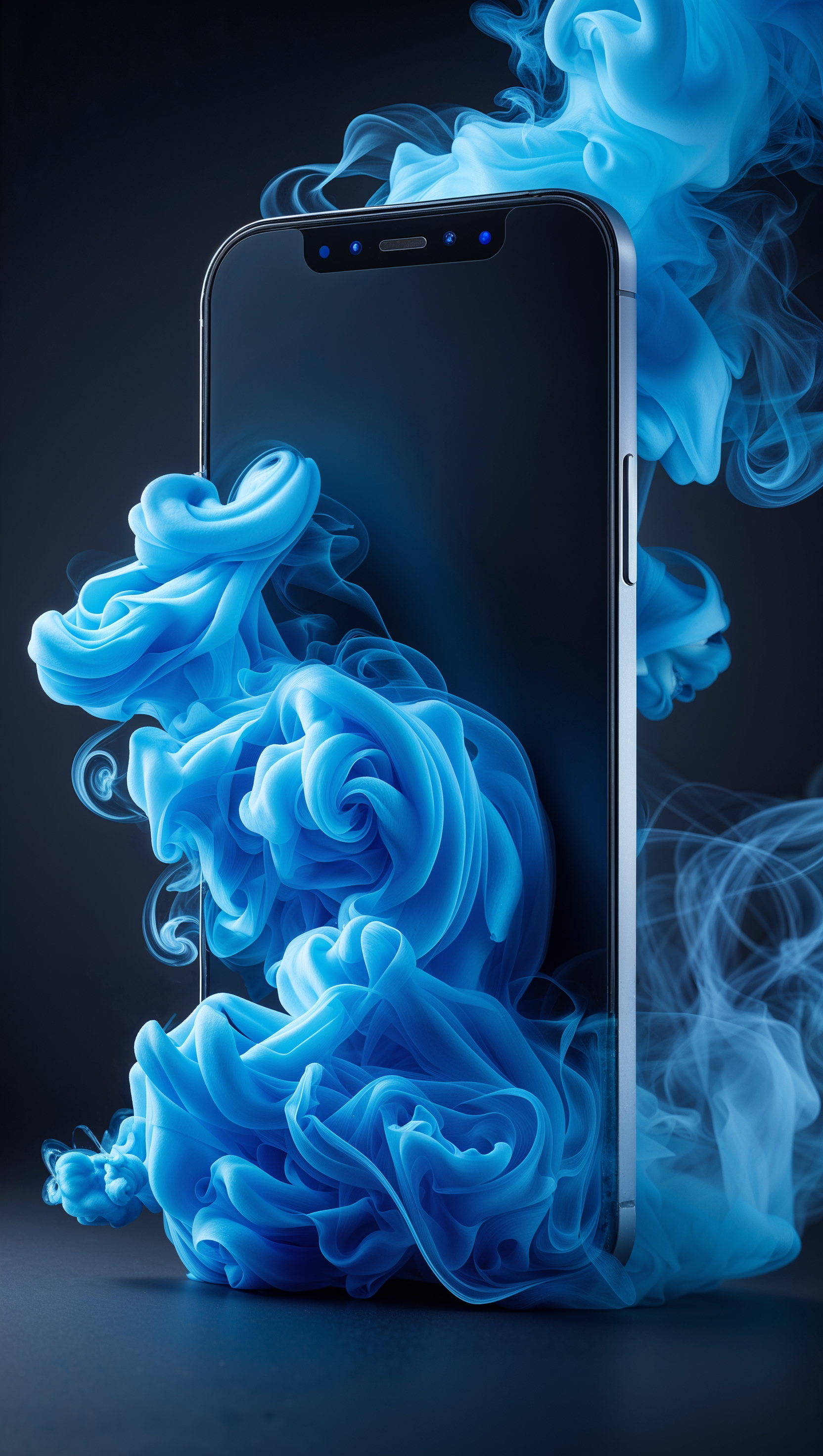 Electric blue neon smoke flowing across a solid black background, vertical phone format