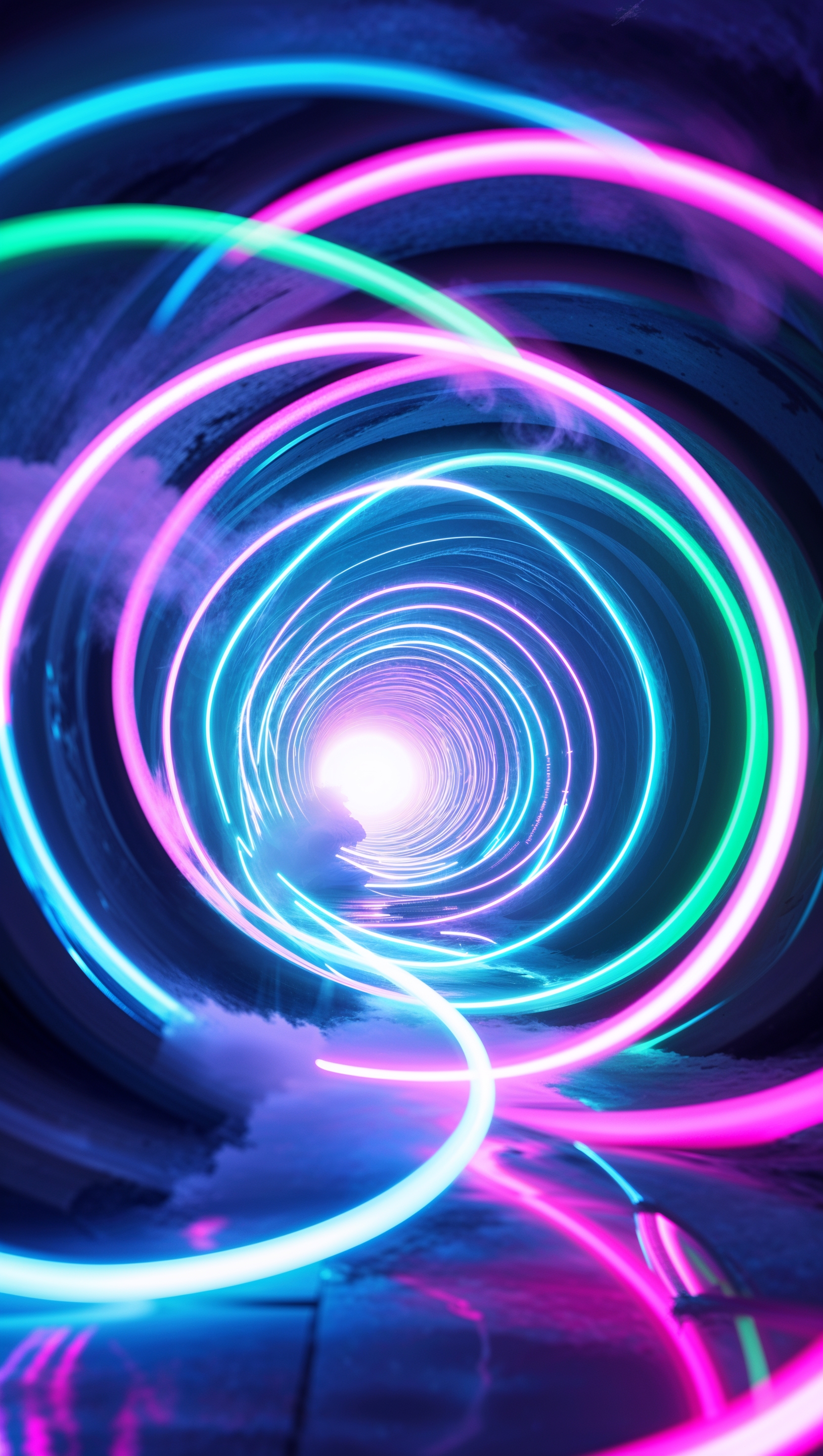 A neon tunnel with endless rings in perspective, futuristic and surreal