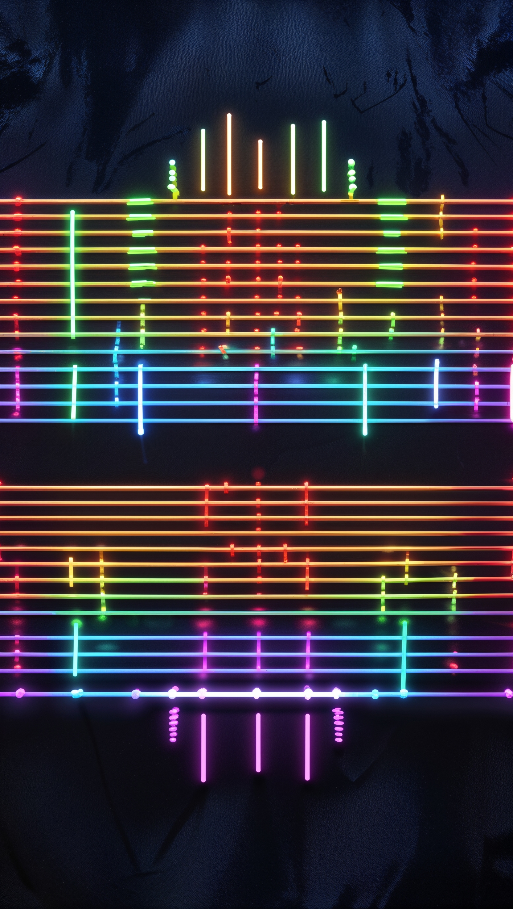 Colorful neon music equalizer bars pulsing on a dark background