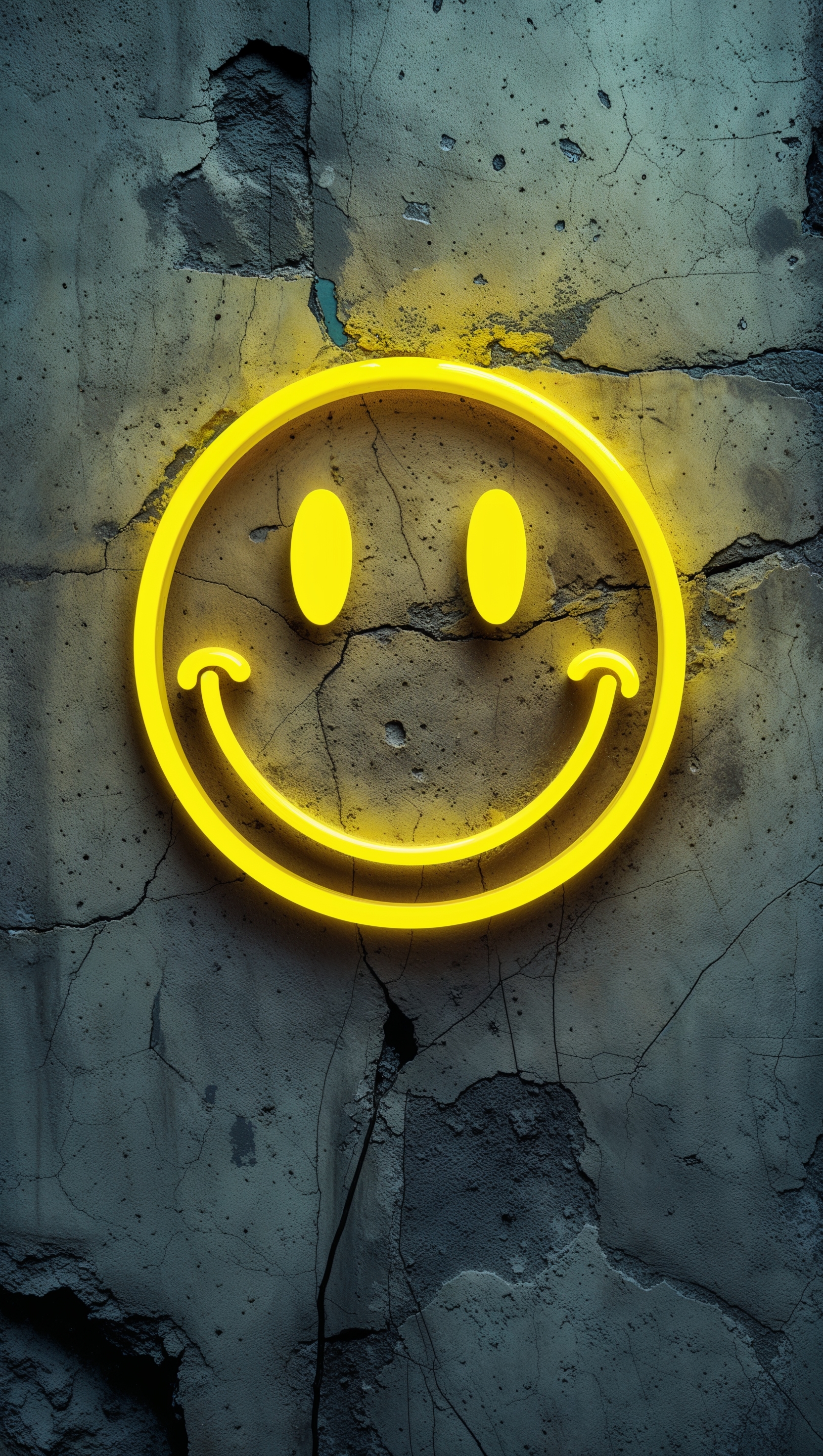 Neon smiley face glowing with electric yellow over concrete texture