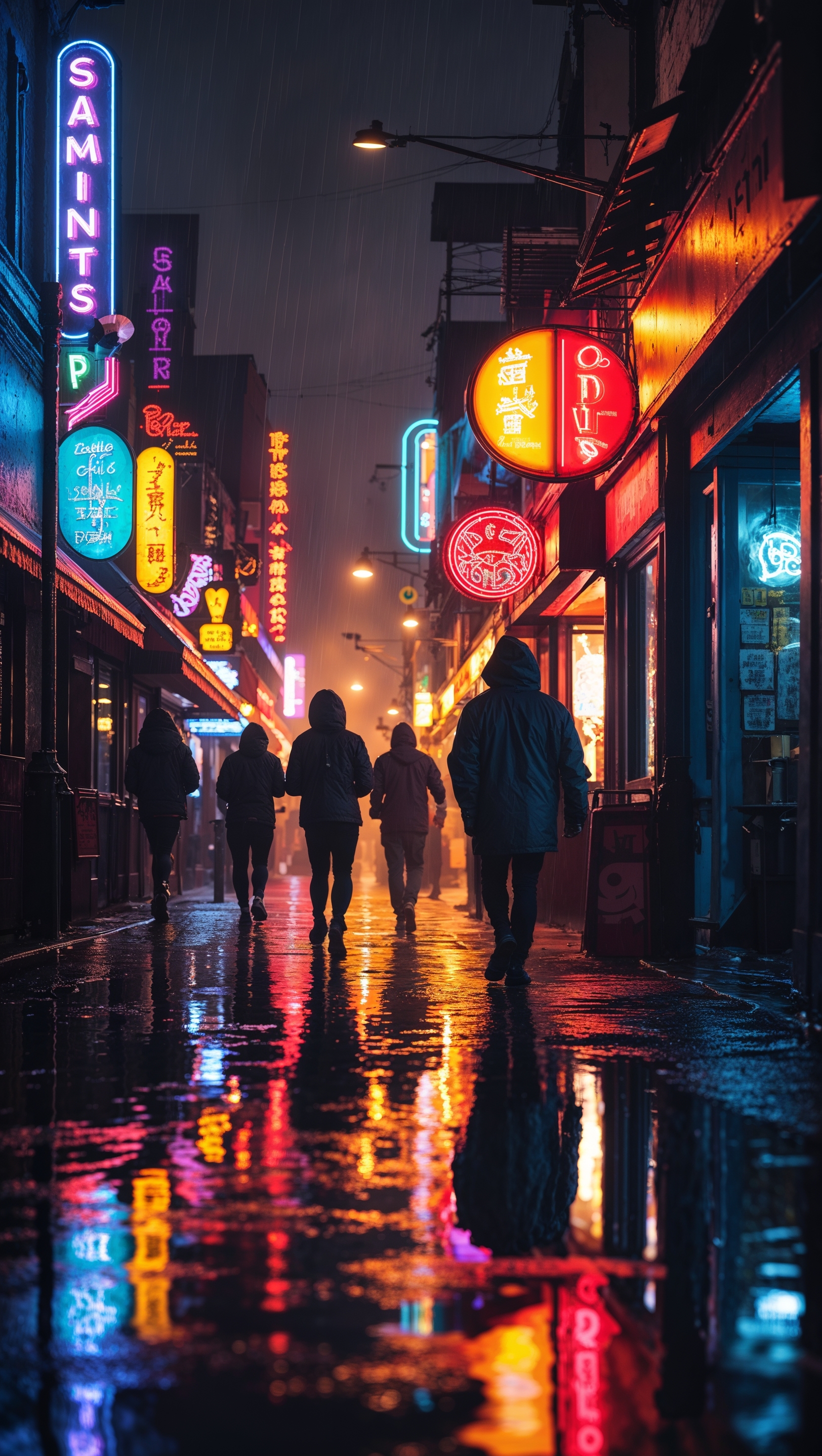 A night street scene with neon store signs and reflections on wet pavement