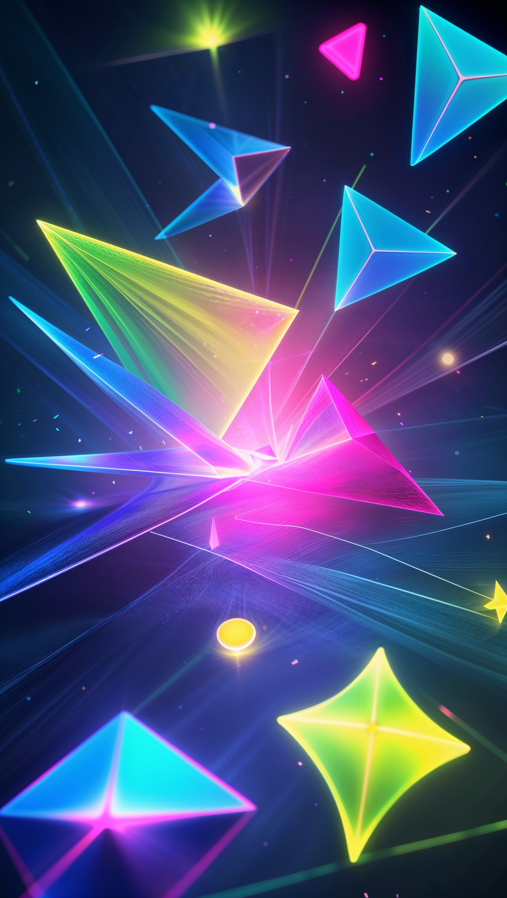 Colorful geometric neon shapes — triangles, circles, squares — glowing softly