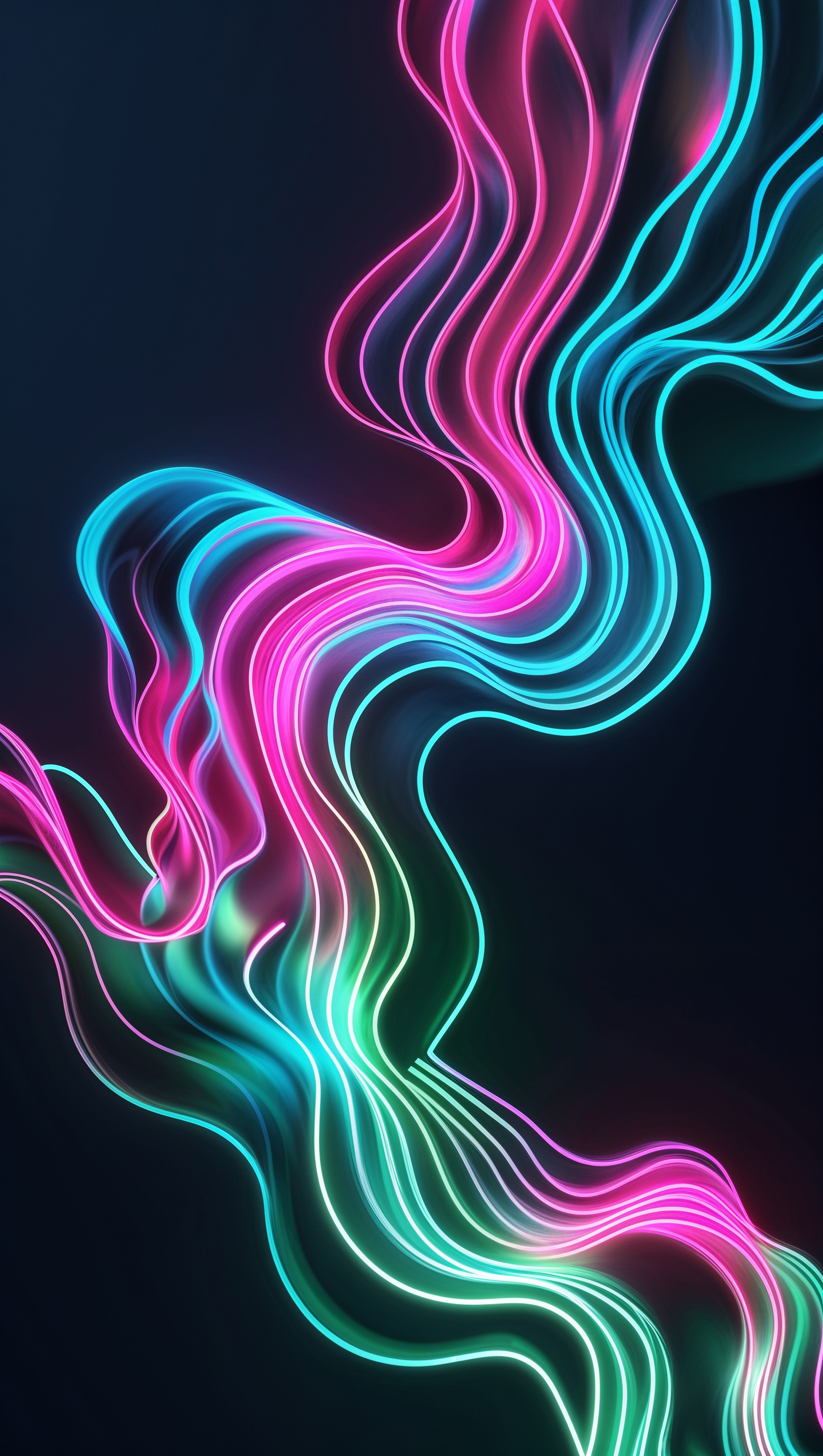 Abstract neon wave shapes flowing across a black background, high contrast and vibrant colors