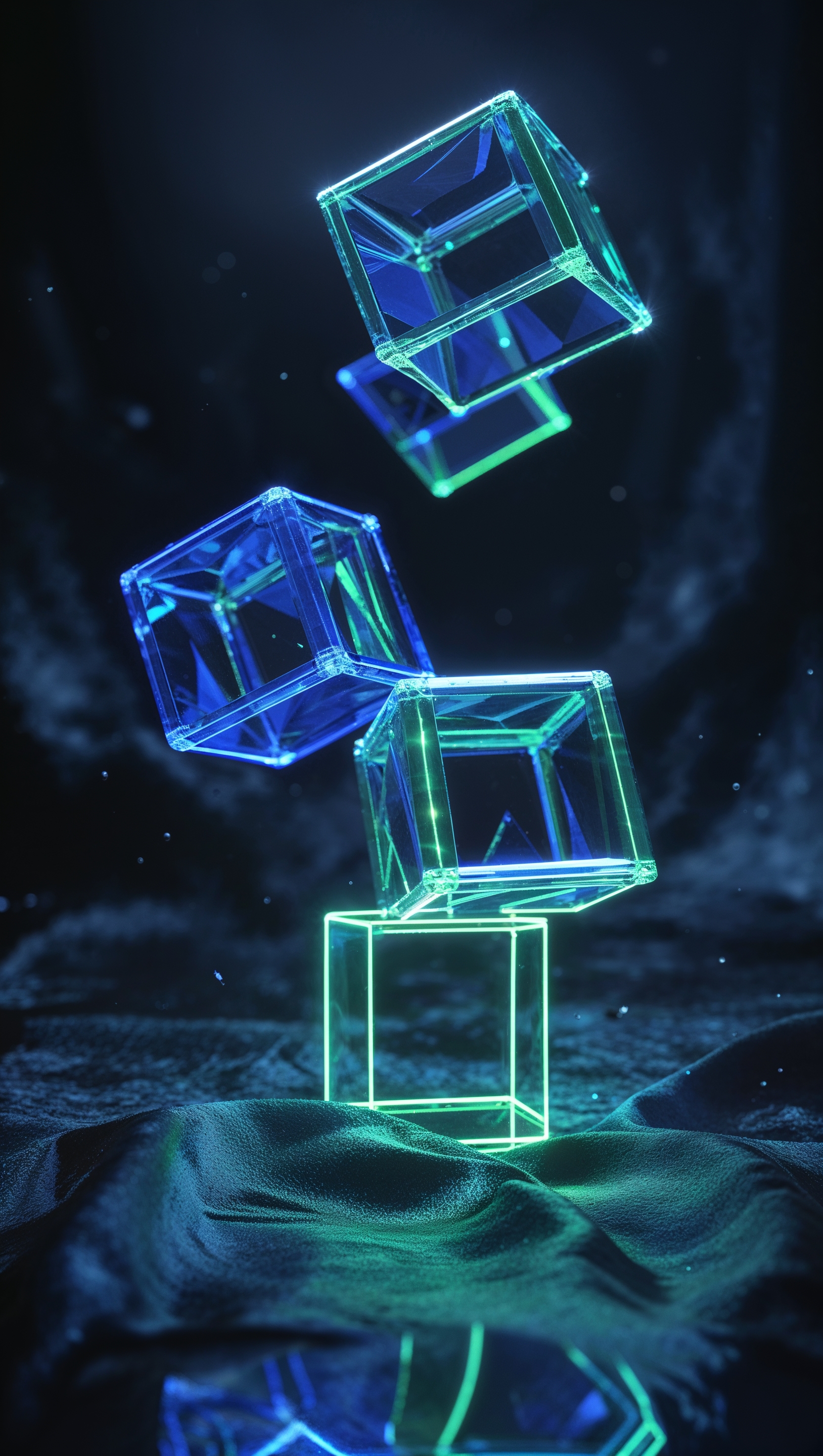 Floating neon cubes in a dark environment with glowing edges and reflections