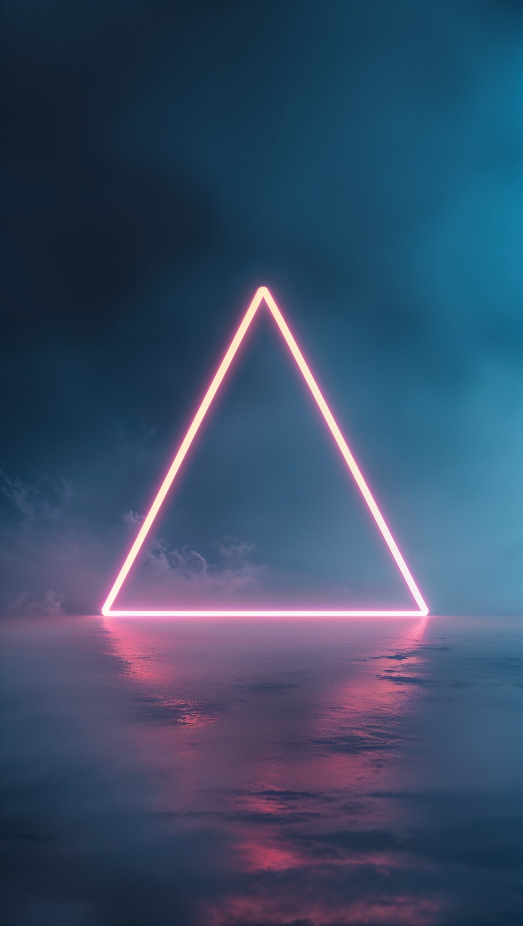 Minimalist neon triangle with glowing edges and dark blue foggy backdrop
