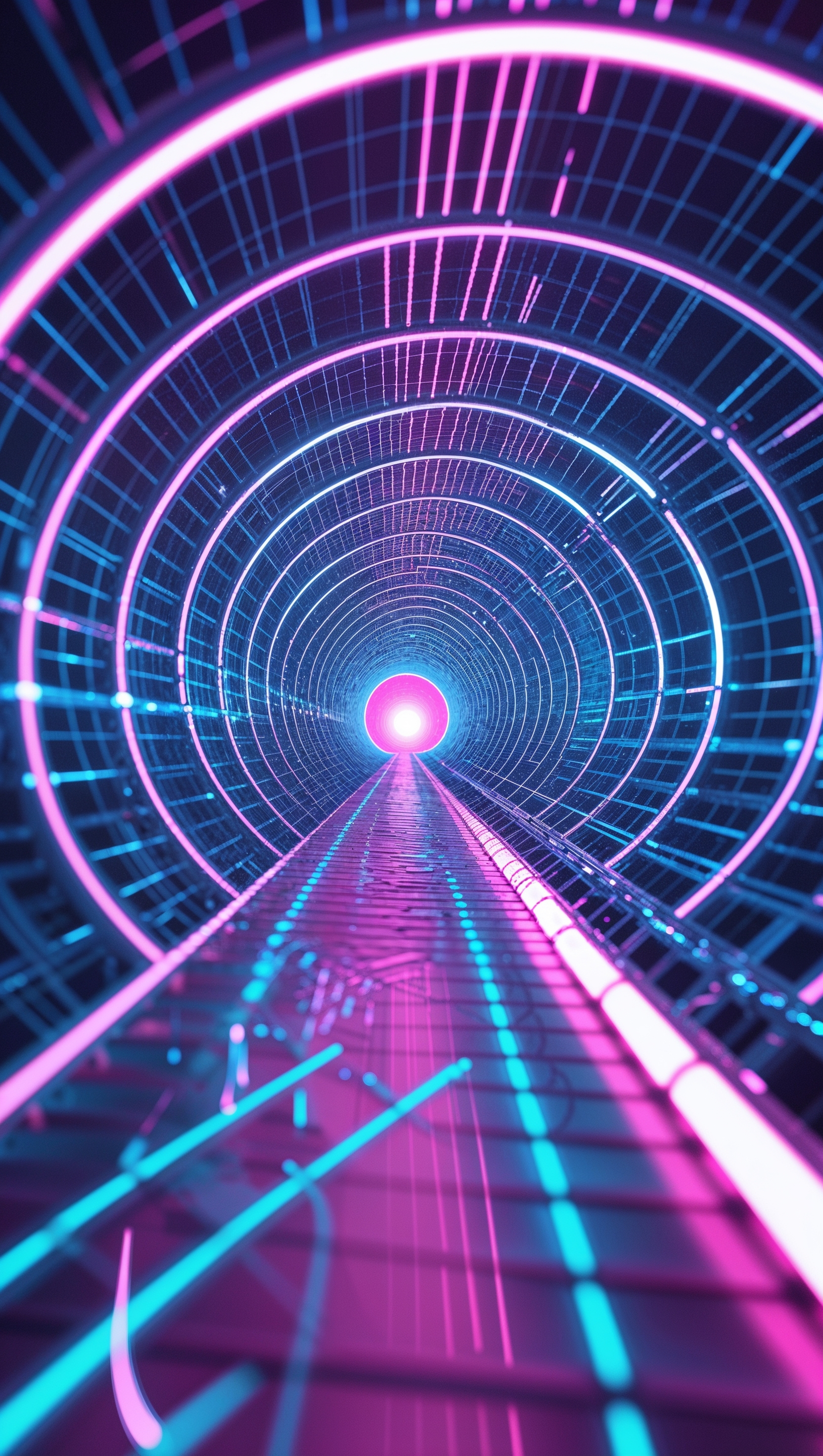 3D neon tunnel perspective with glowing rings and digital grid lines