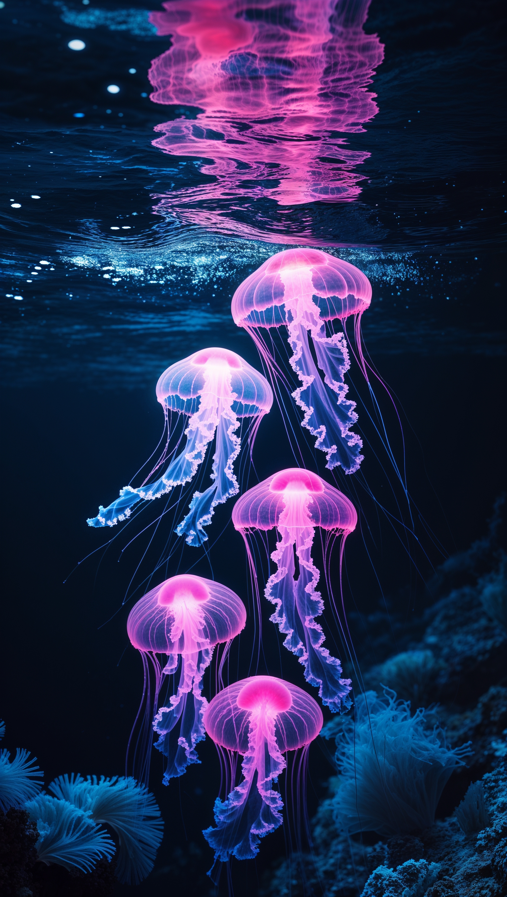 Neon jellyfish floating in a dark ocean scene, glowing in pink and blue