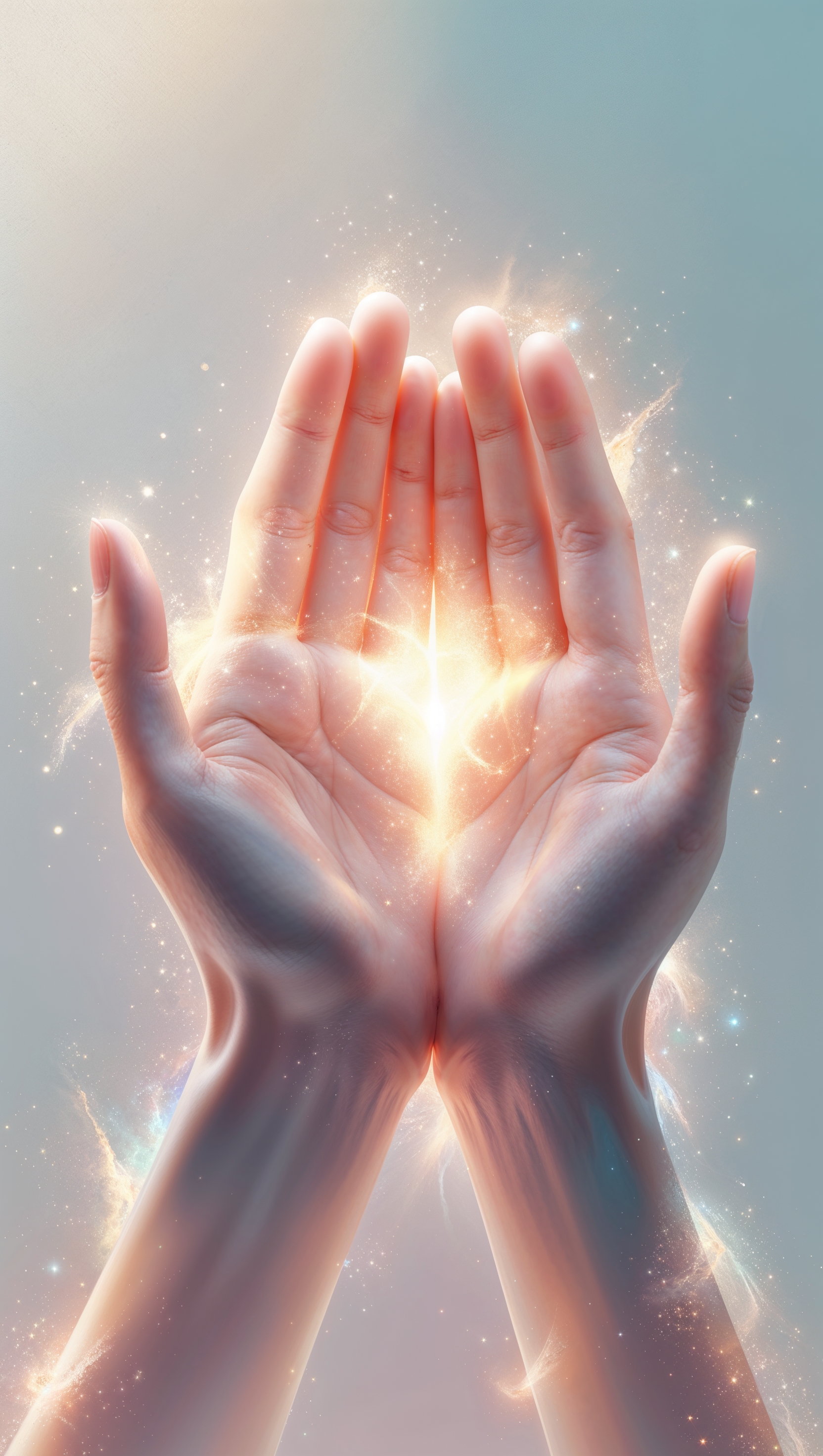 Hands lifted in prayer with glowing heavenly light surrounding them