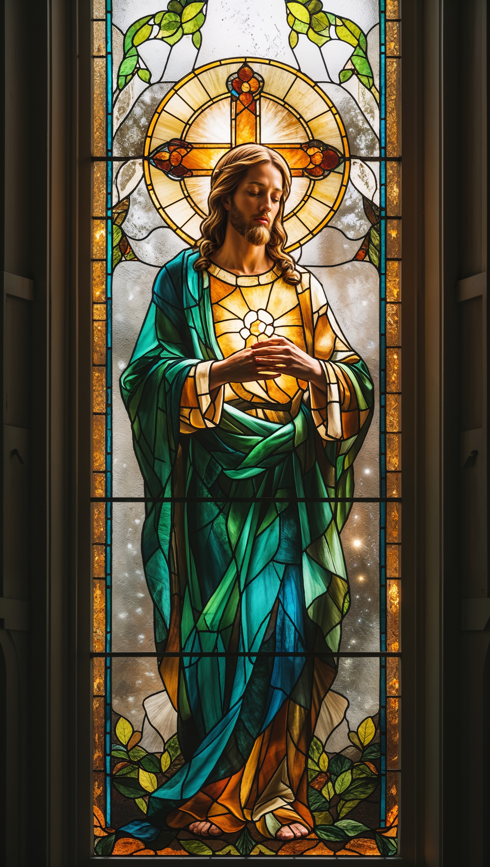 Vertical stained glass window design with Christ figure and soft light