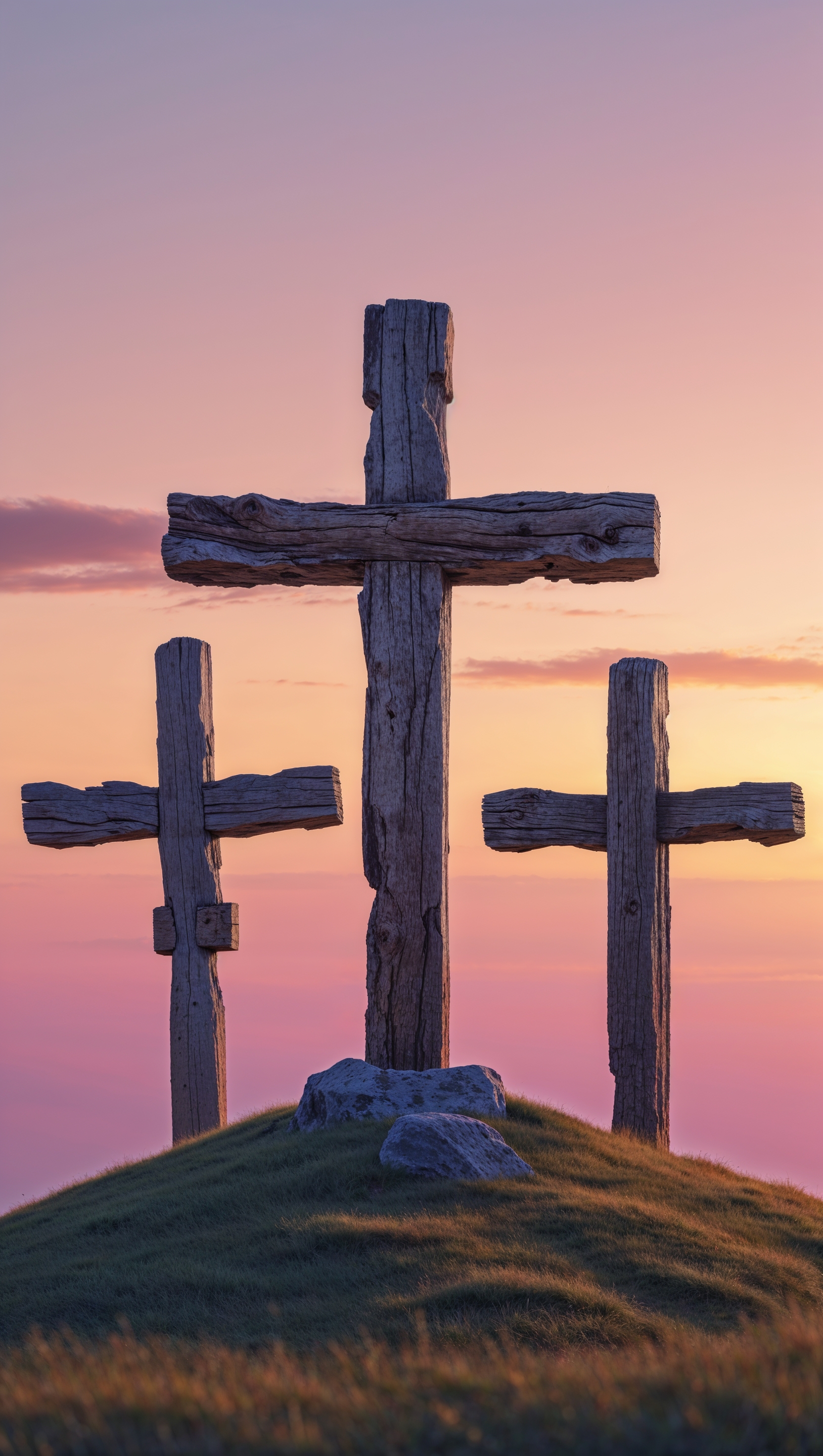 Soft sunset behind three crosses on a hilltop, symbol of Calvary