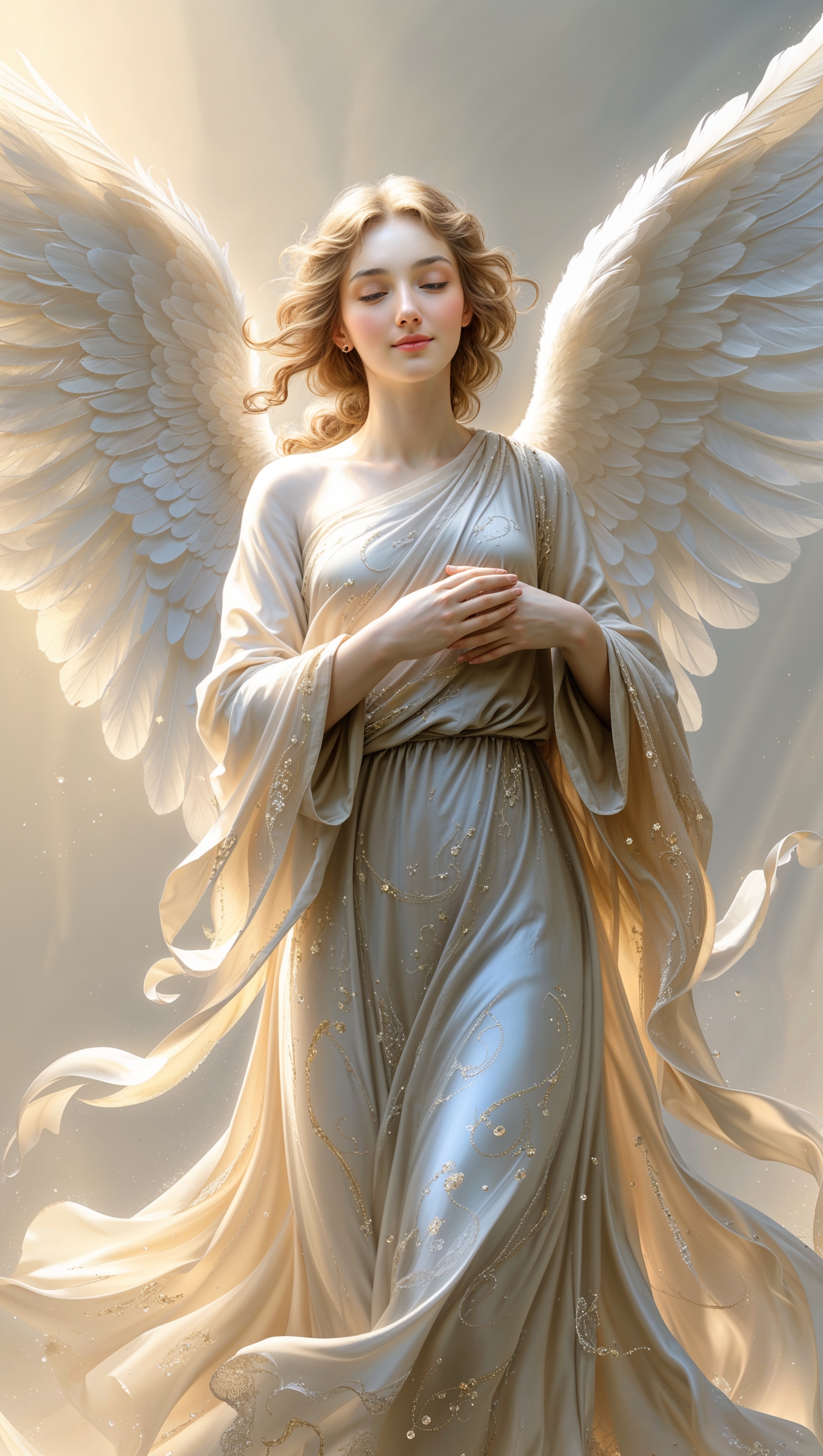 Angel with open wings and flowing robes in glowing light, peaceful expression