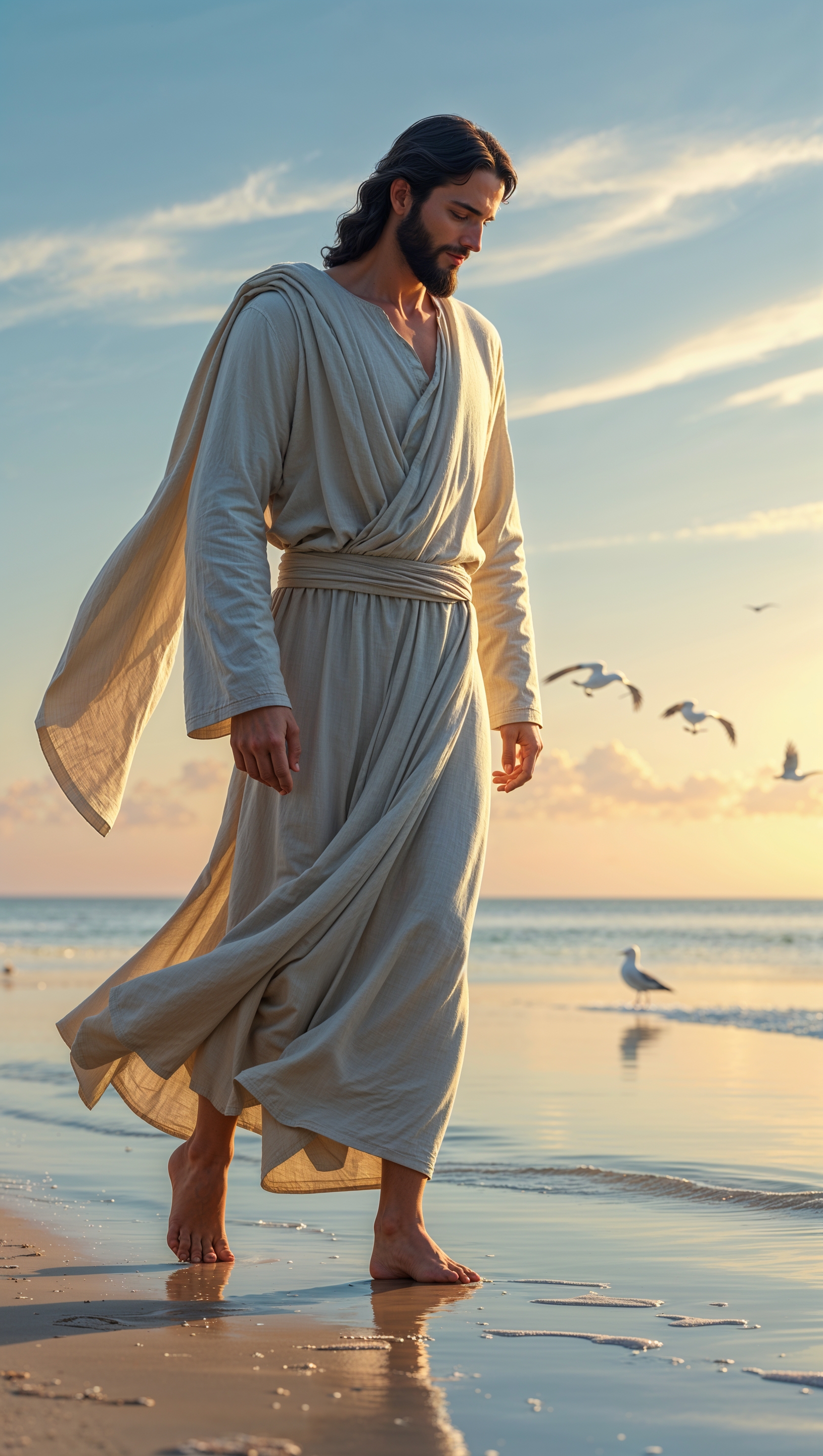 Jesus walking along the shoreline with light reflecting off water, calm and reflective
