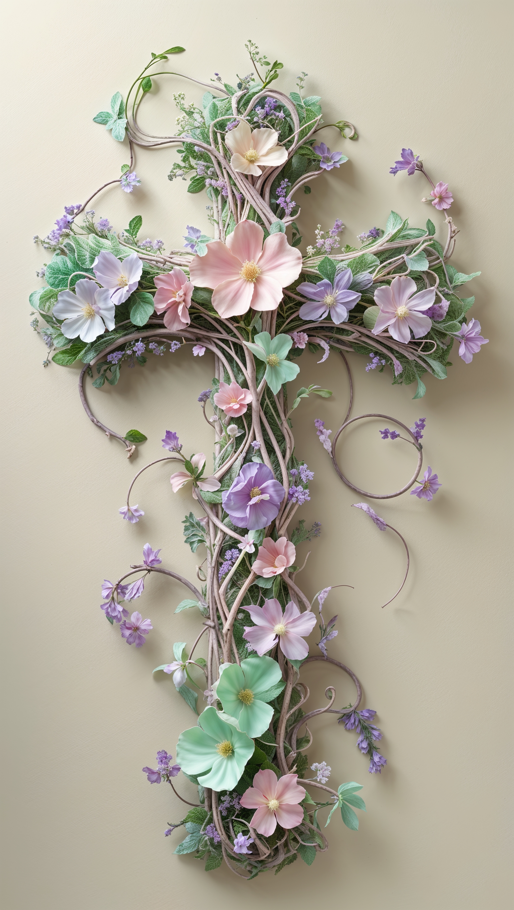 Elegant cross made from vines and flowers, symbolic and natural