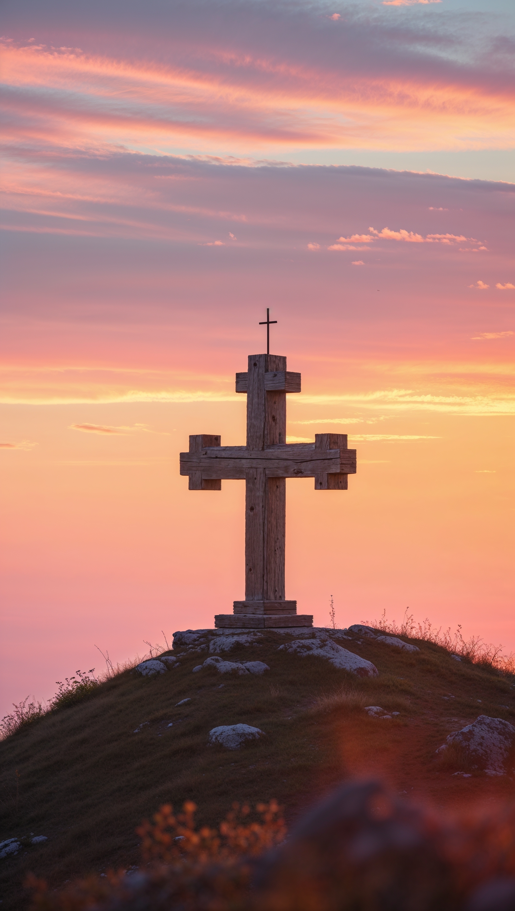 Peaceful sunrise behind a hilltop cross, glowing sky and warm tones