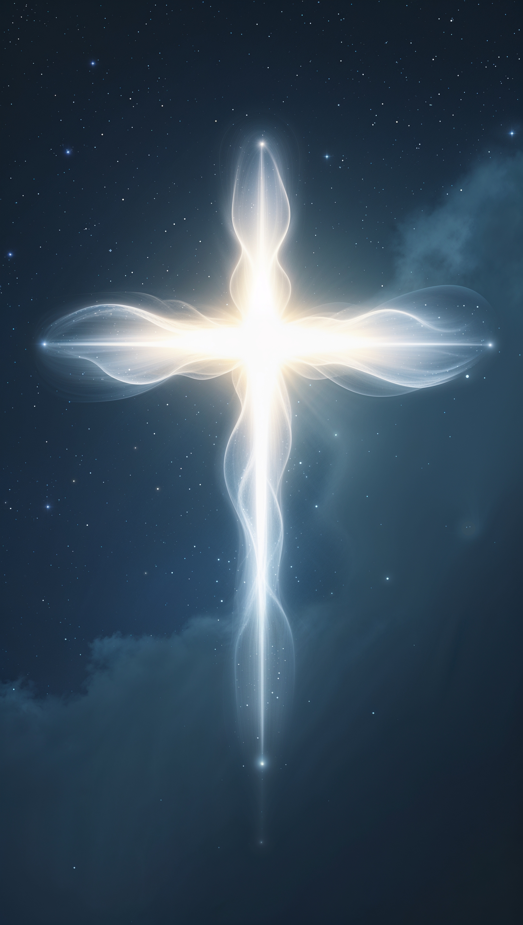 White glowing light forming a cross in a dark sky with subtle stars