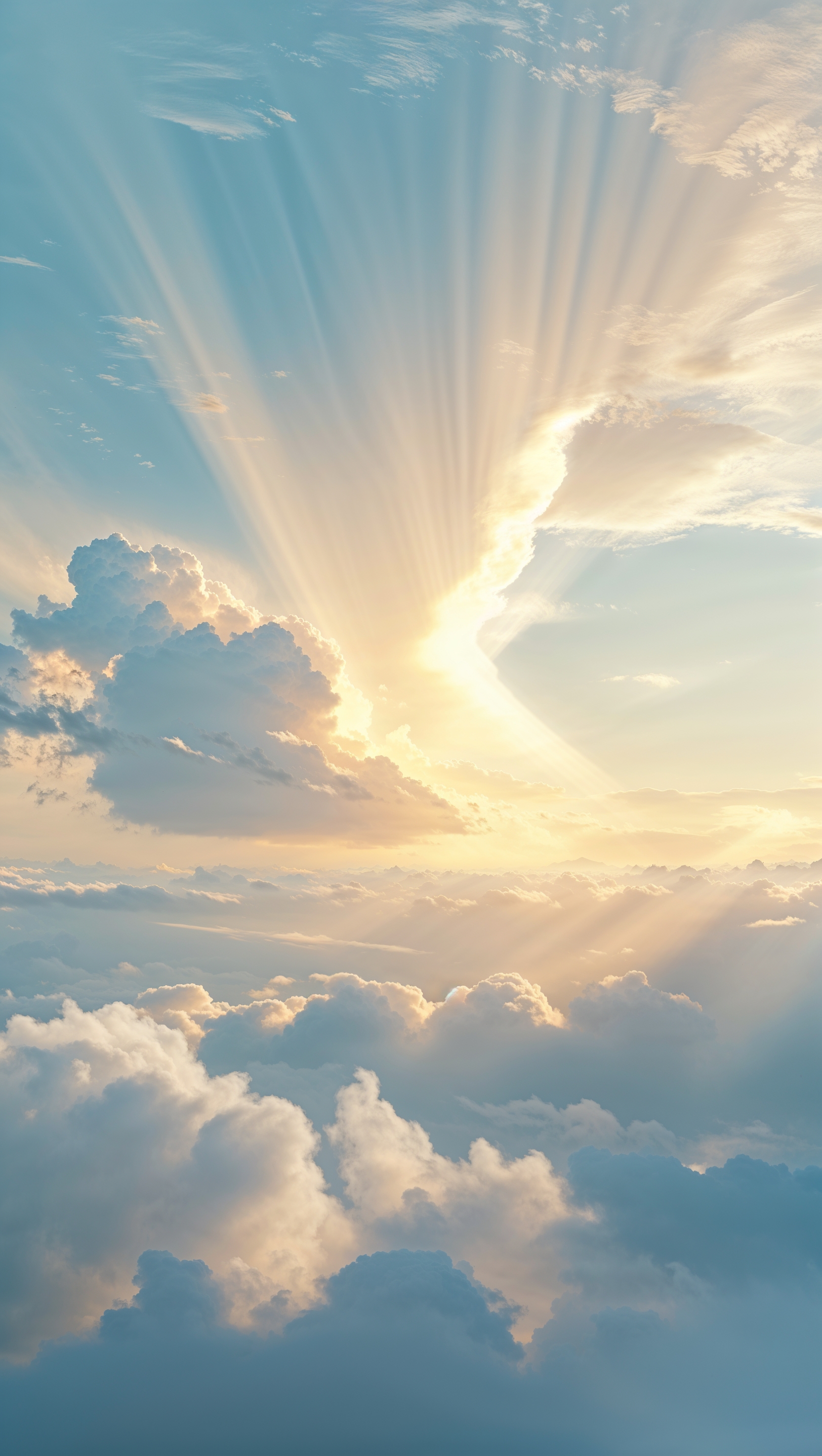 Heavenly light breaking through clouds with soft rays and peaceful sky