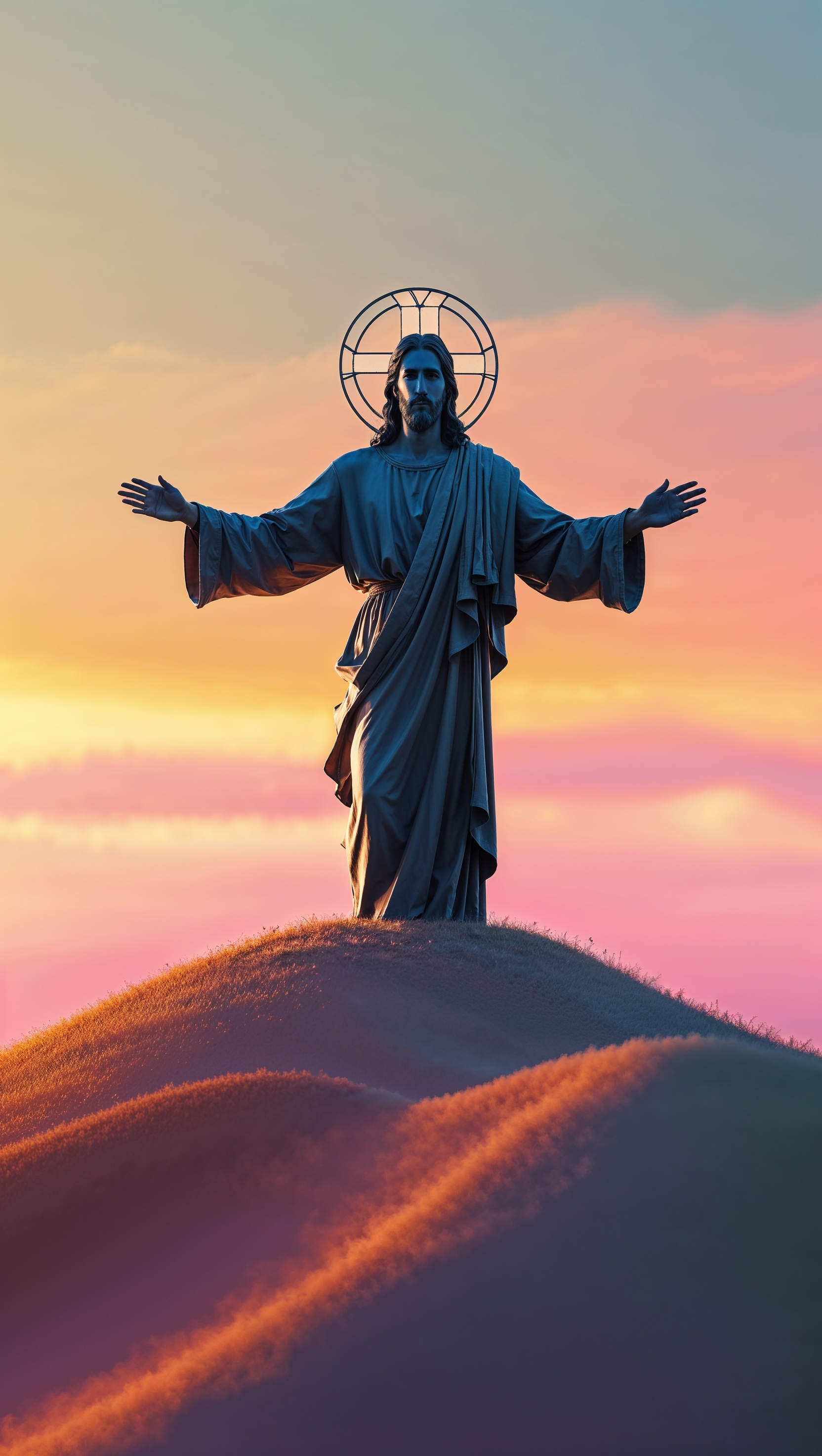 Silhouette of Jesus with outstretched arms on a hill, golden horizon background