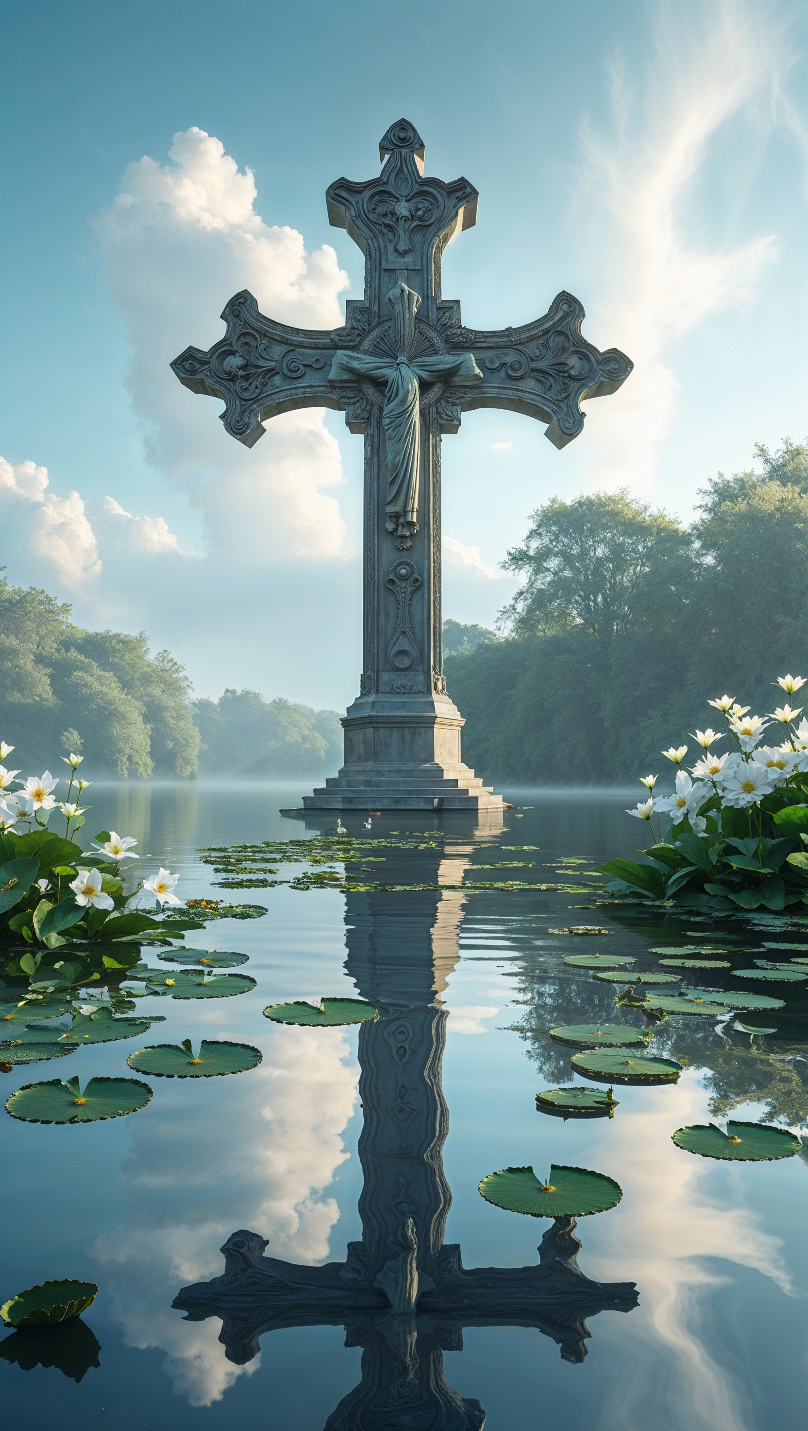 Calm water with reflection of a cross, serene and peaceful tones