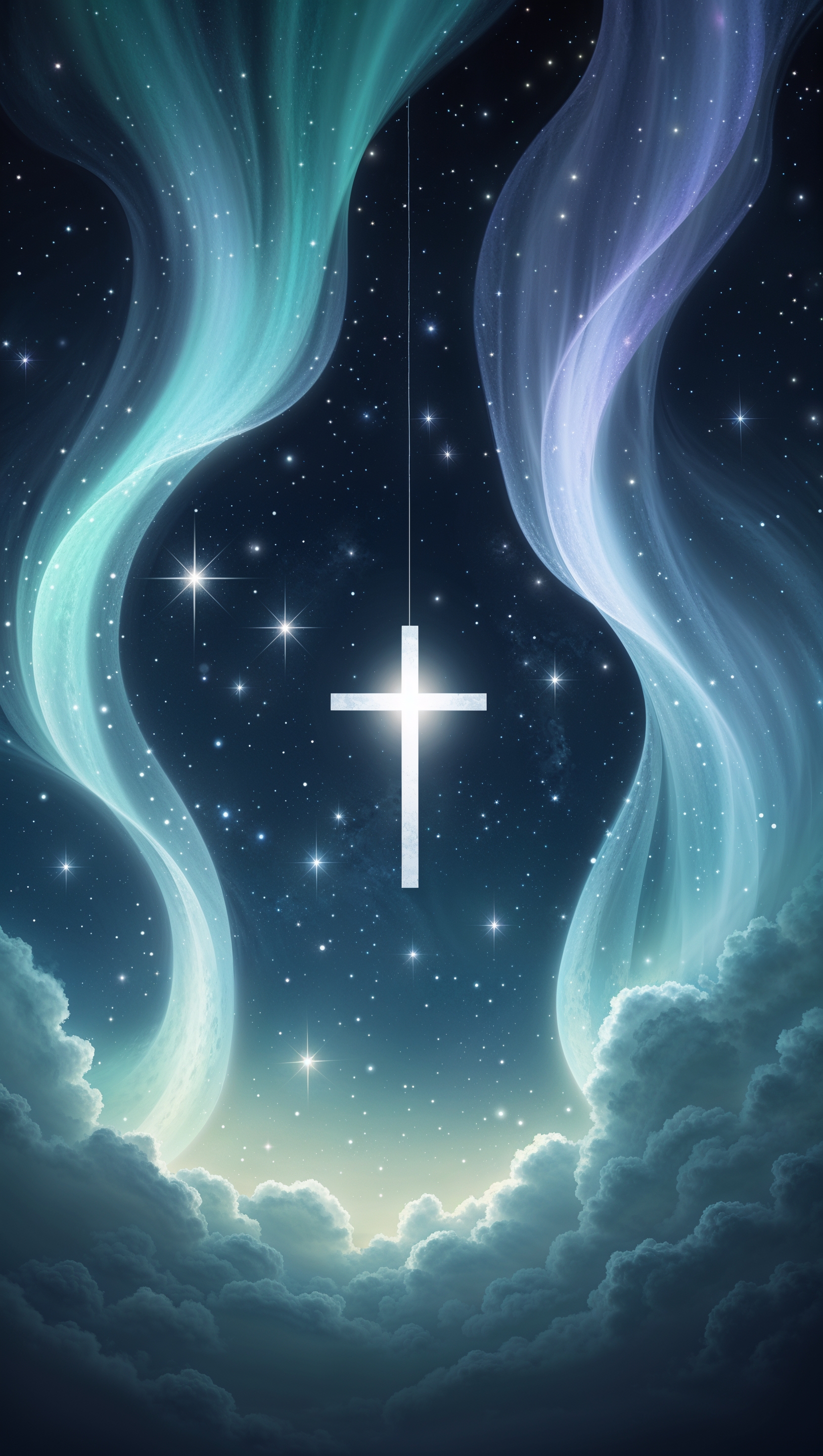 Starry night sky with soft white cross and gentle aurora glow