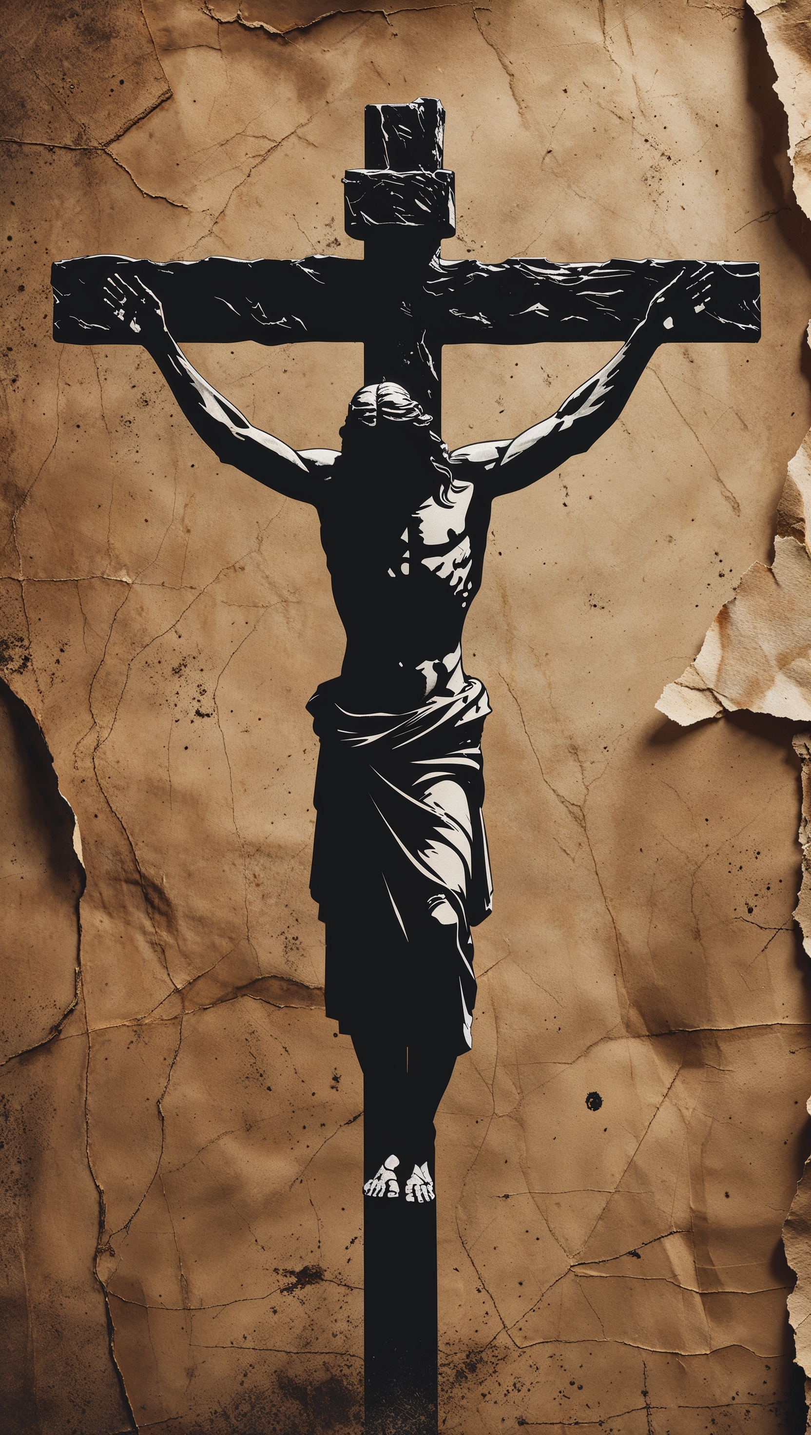 Jesus carrying the cross, minimalist silhouette style over parchment texture