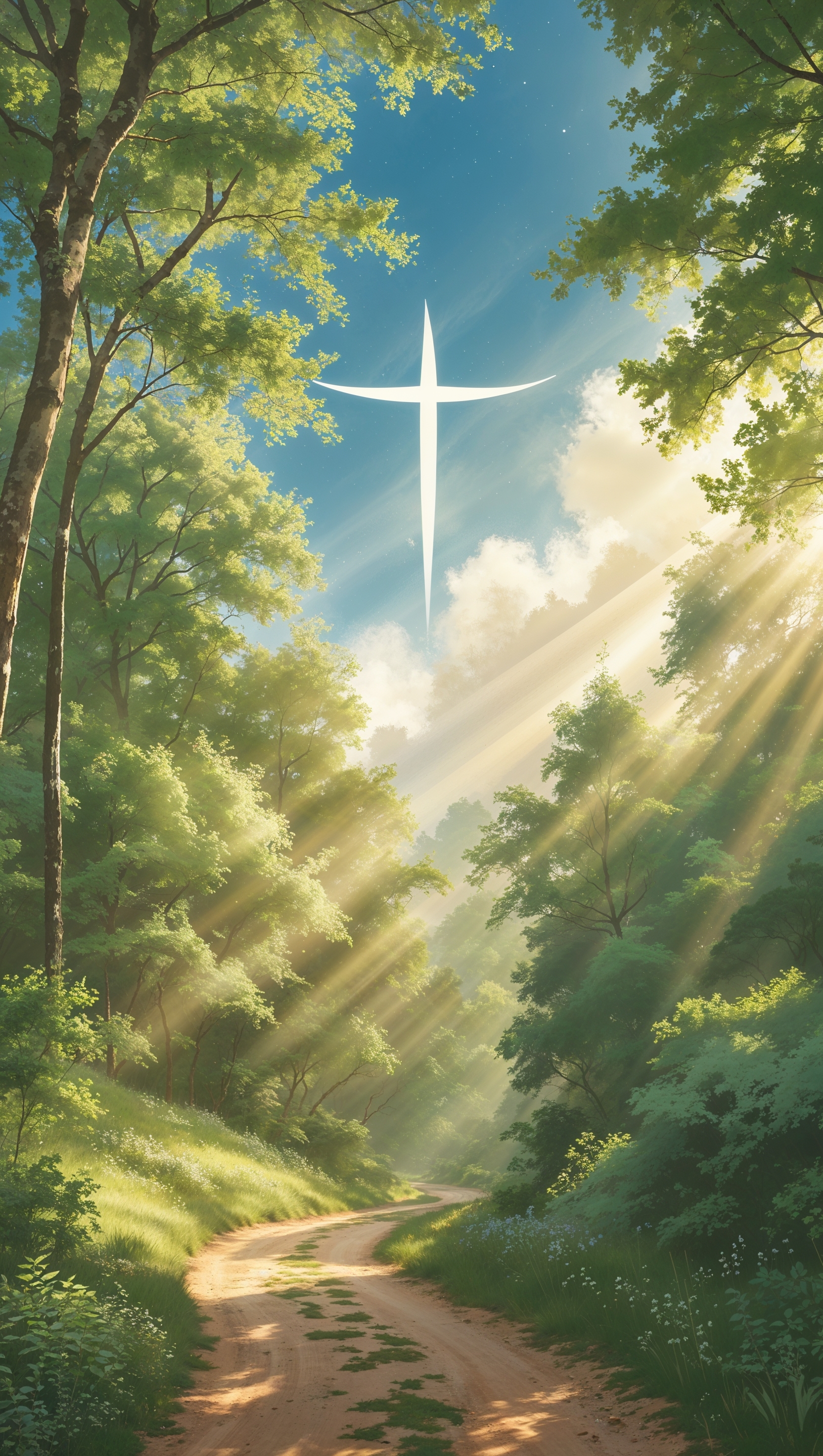 Peaceful nature trail with light rays and subtle cross symbol in the sky