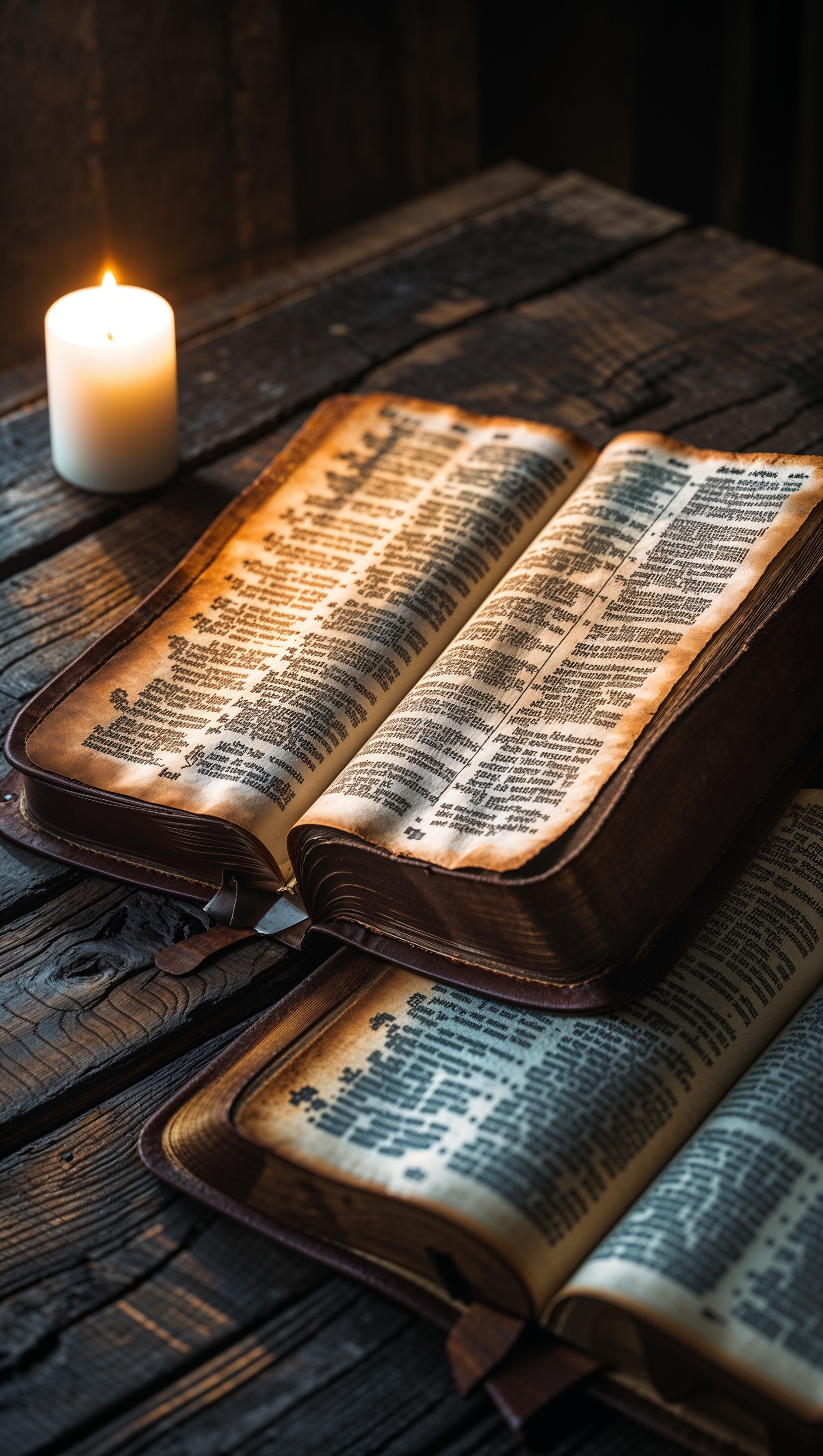Holy Bible laying on a wooden table with soft candlelight glow