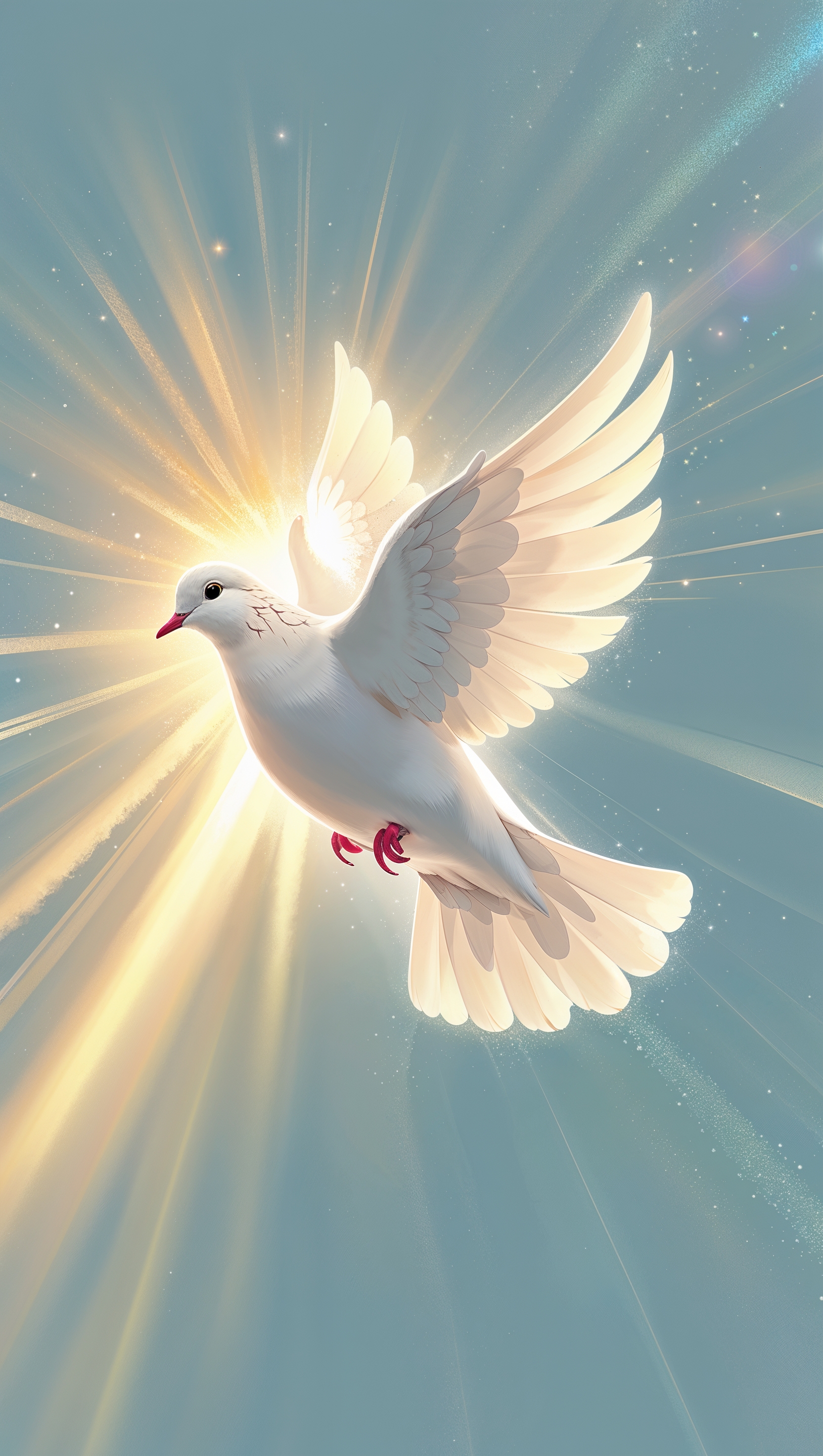White dove flying through sunlight with glowing rays, symbol of the Holy Spirit