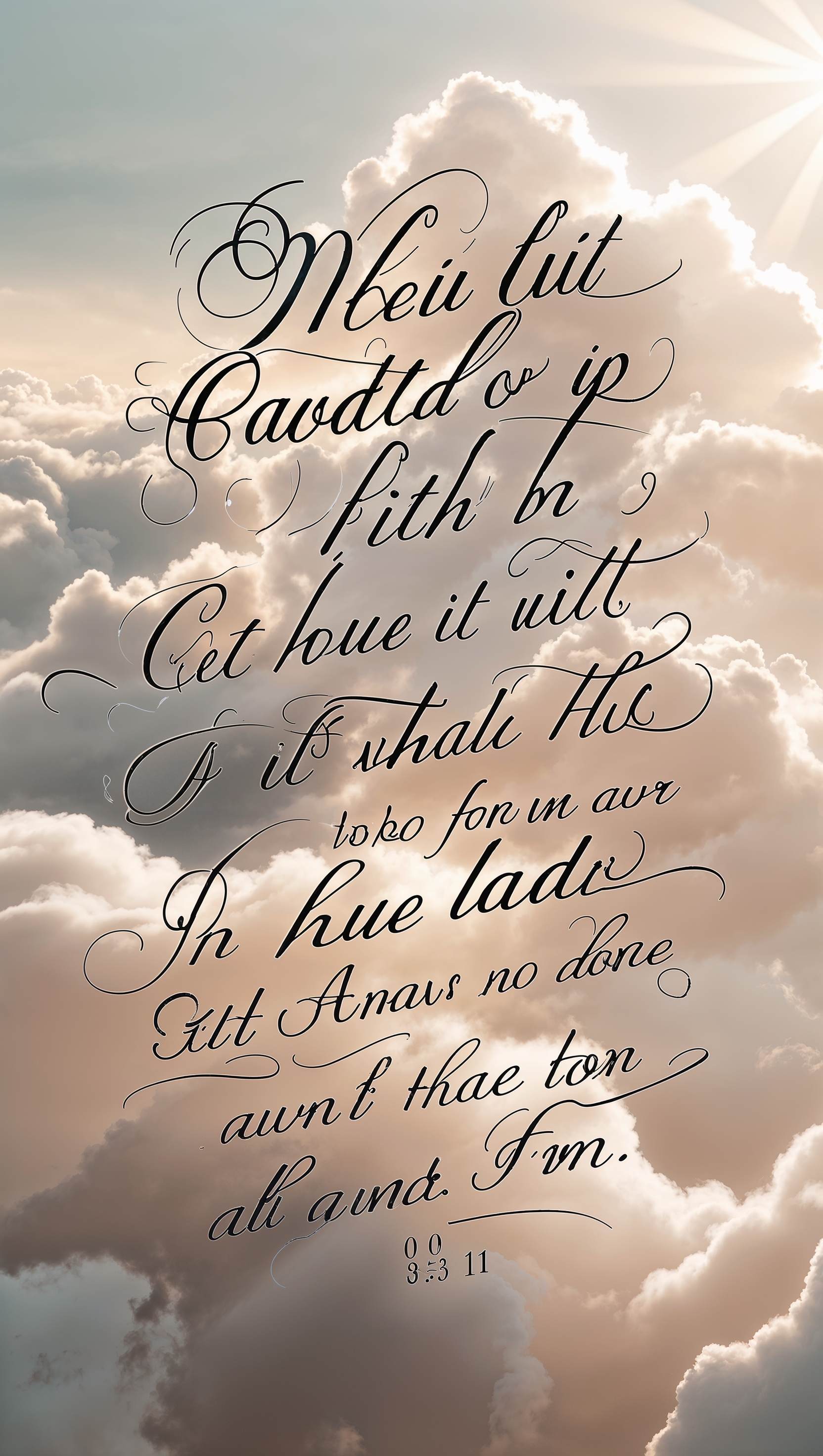 Bible verse in elegant script over soft background of light clouds and sun