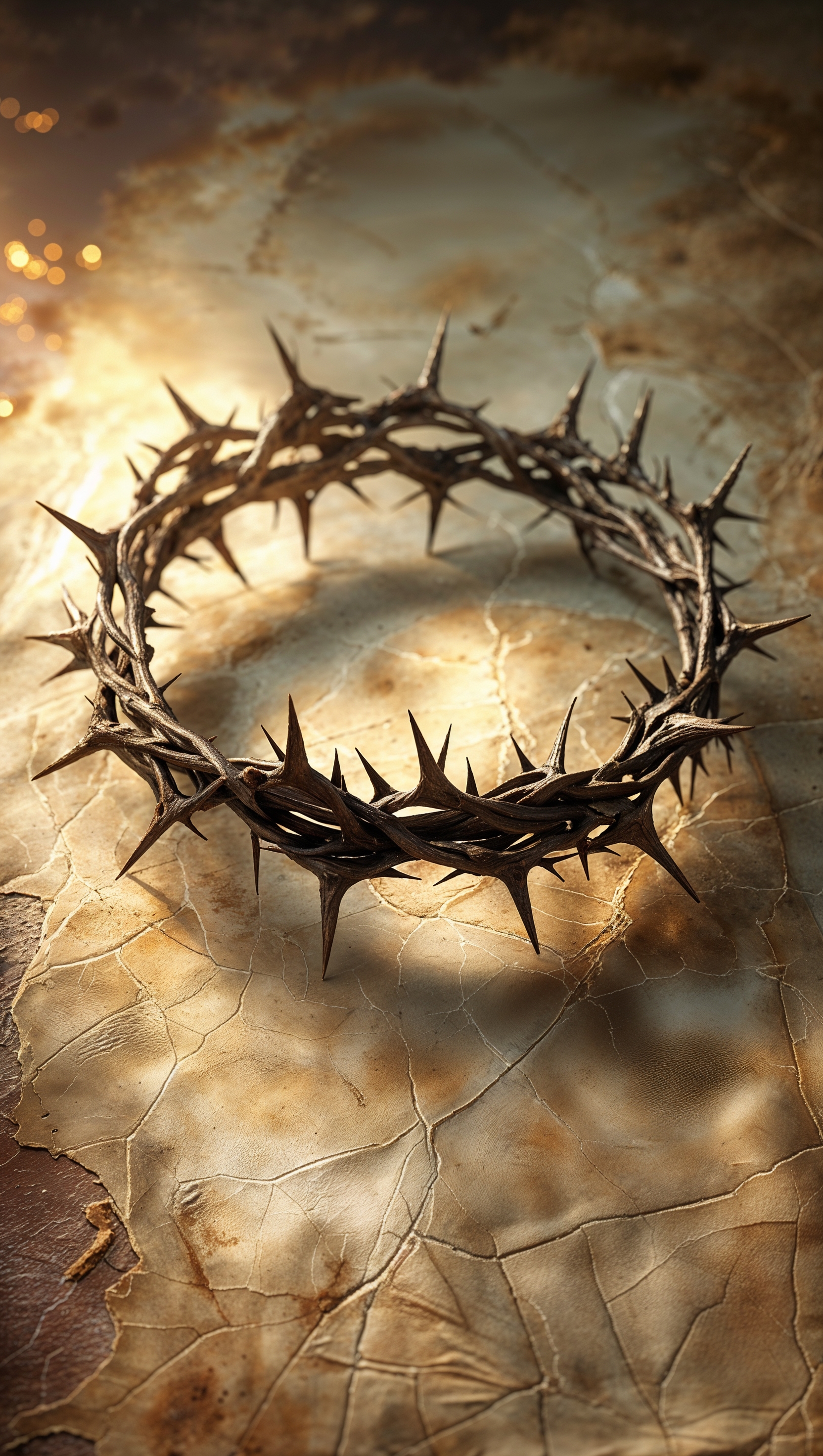 Crown of thorns over a textured parchment background, soft lighting