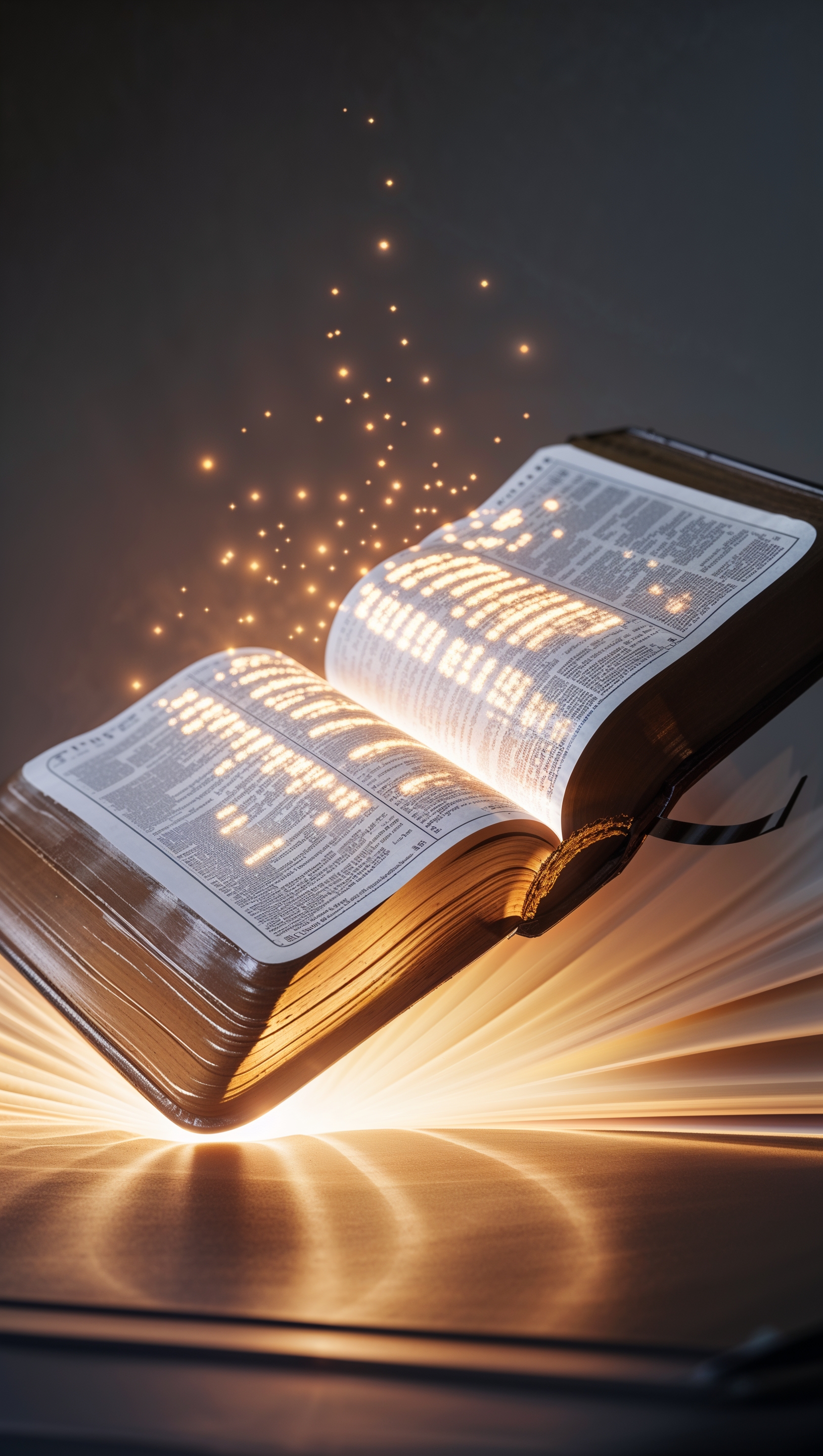 Open Bible with soft glowing light shining from the pages, clean vertical design