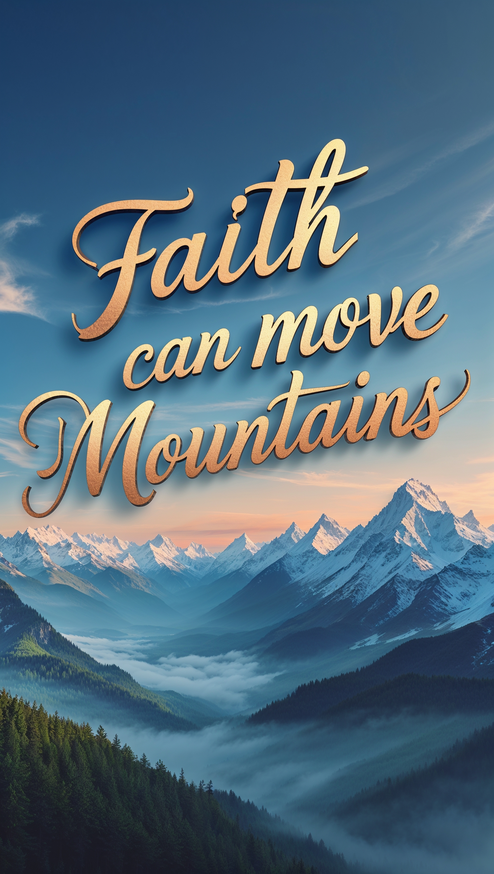 Vertical wallpaper of a mountain scene with “Faith Can Move Mountains” verse