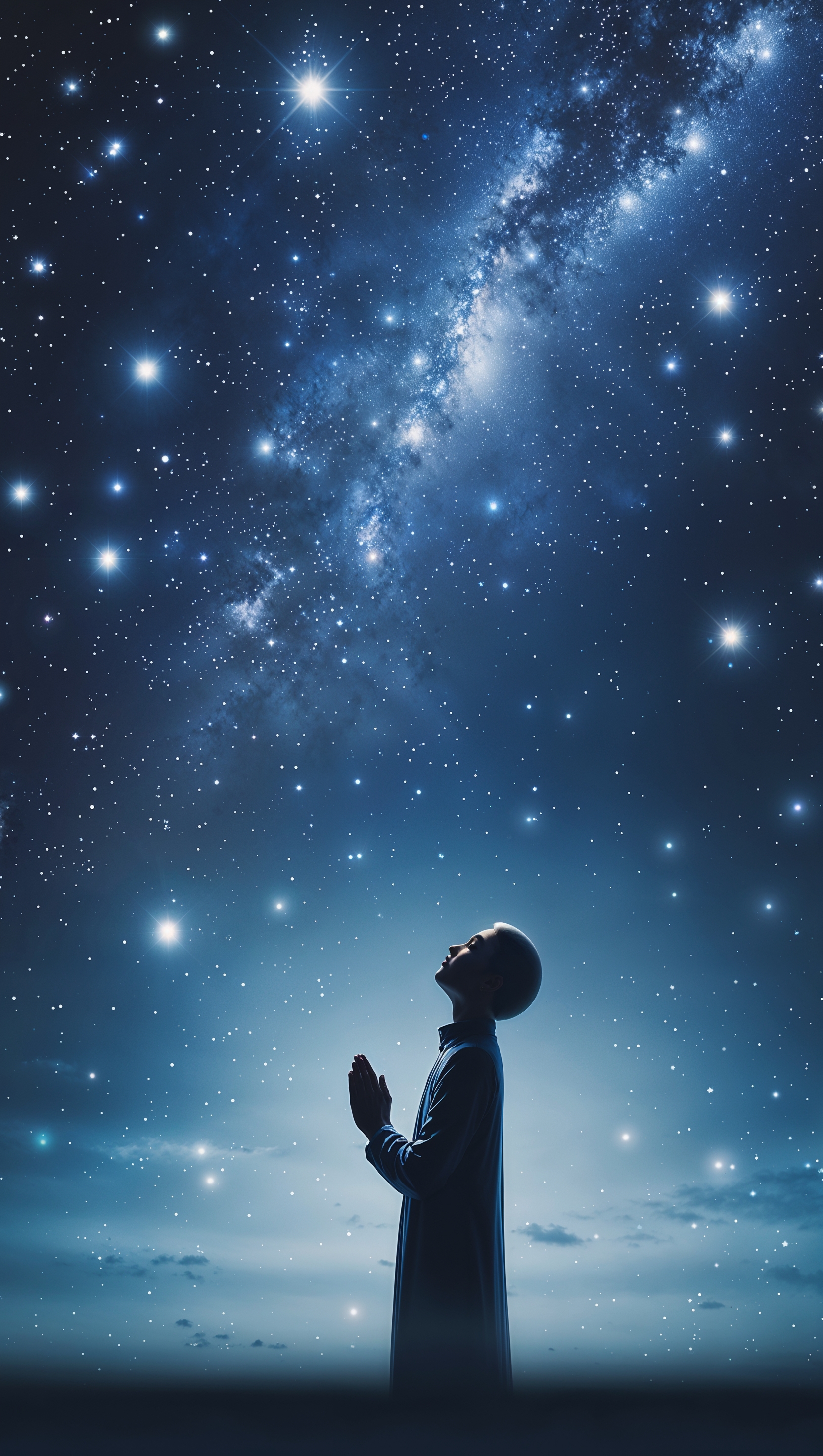 Silhouette of a praying figure beneath a starry night sky, peaceful and spiritual