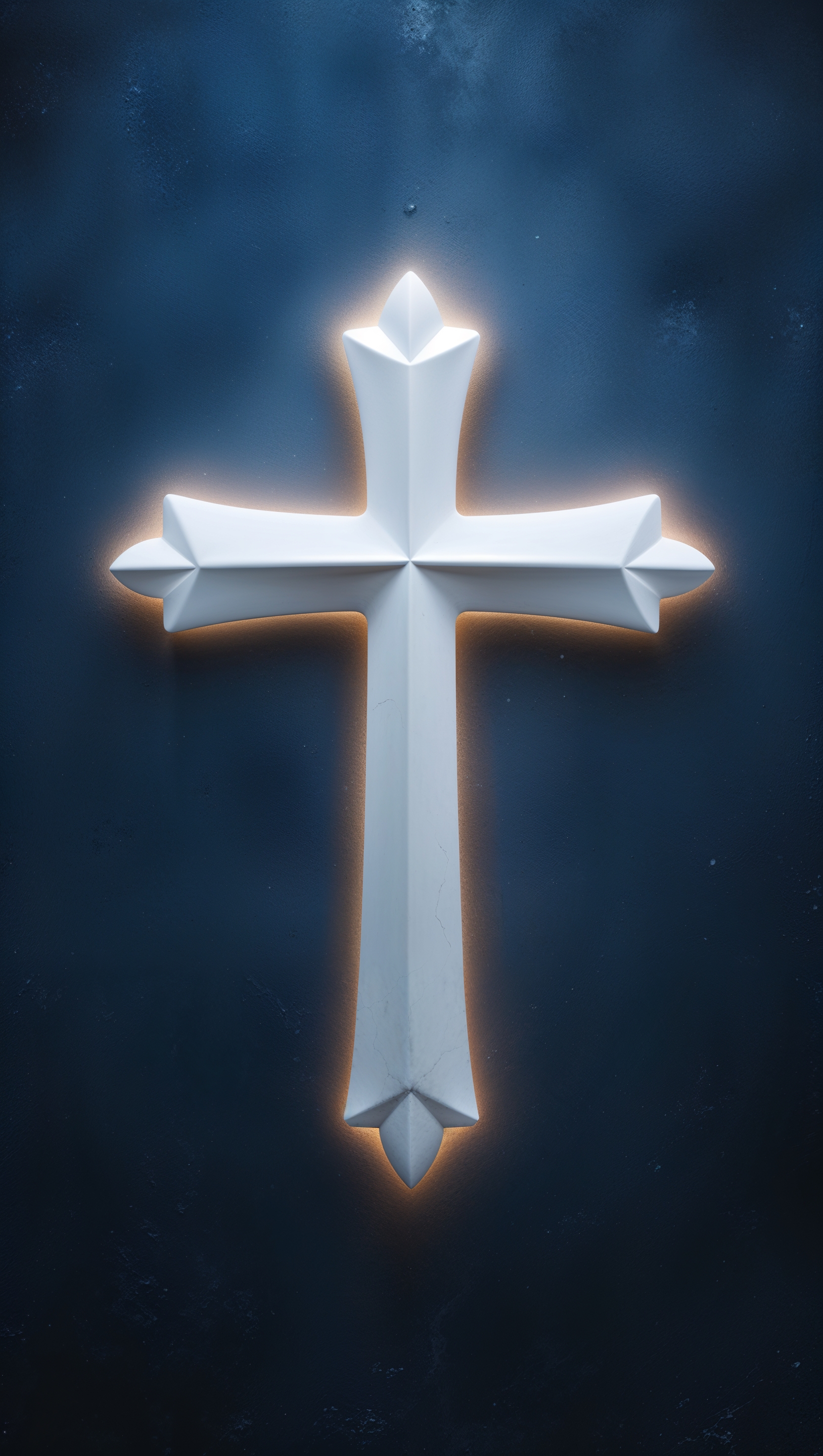 Simple white cross on a dark blue background with subtle glowing outline