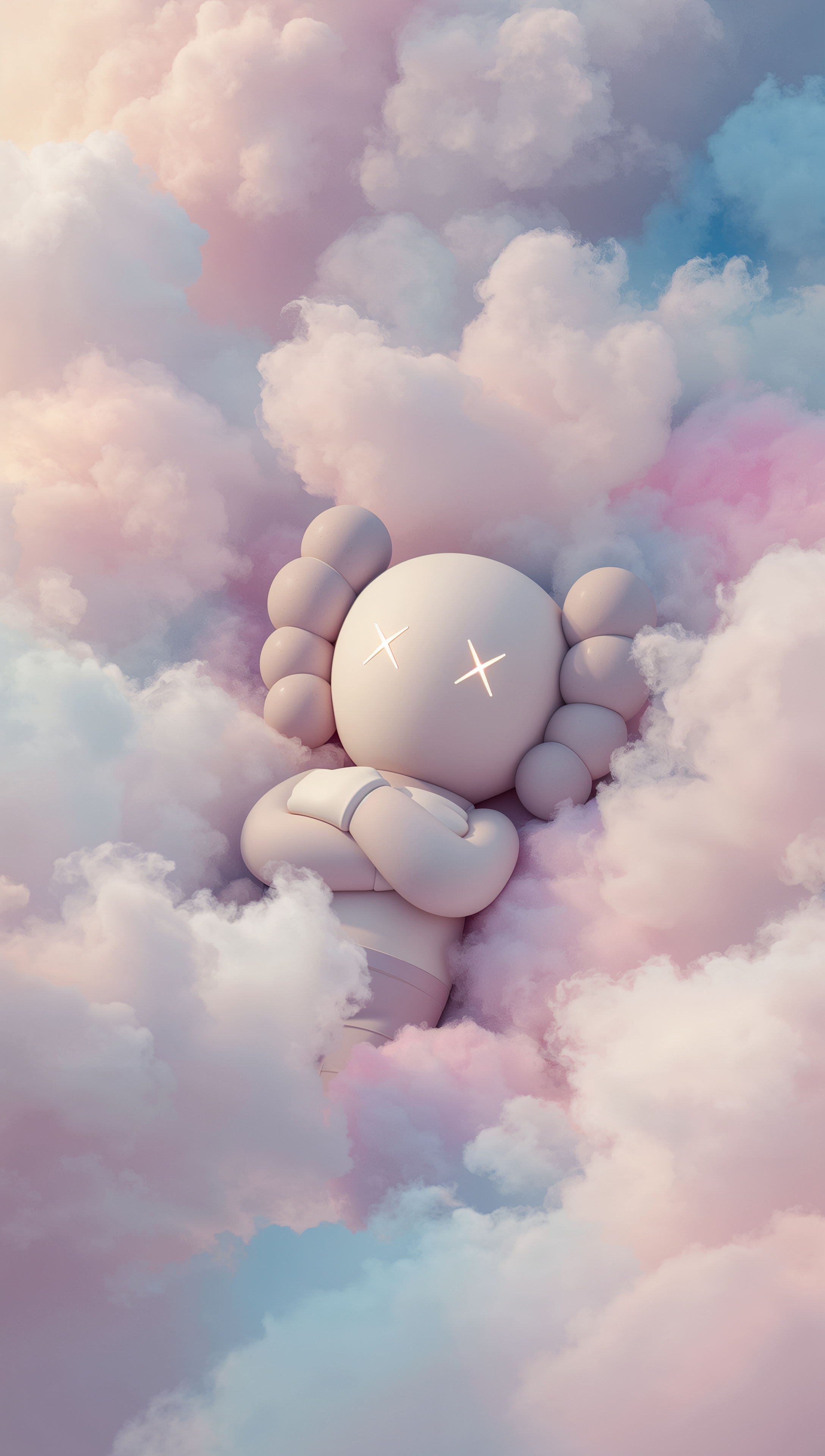 Kaws iPhone wallpaper – character in pastel clouds