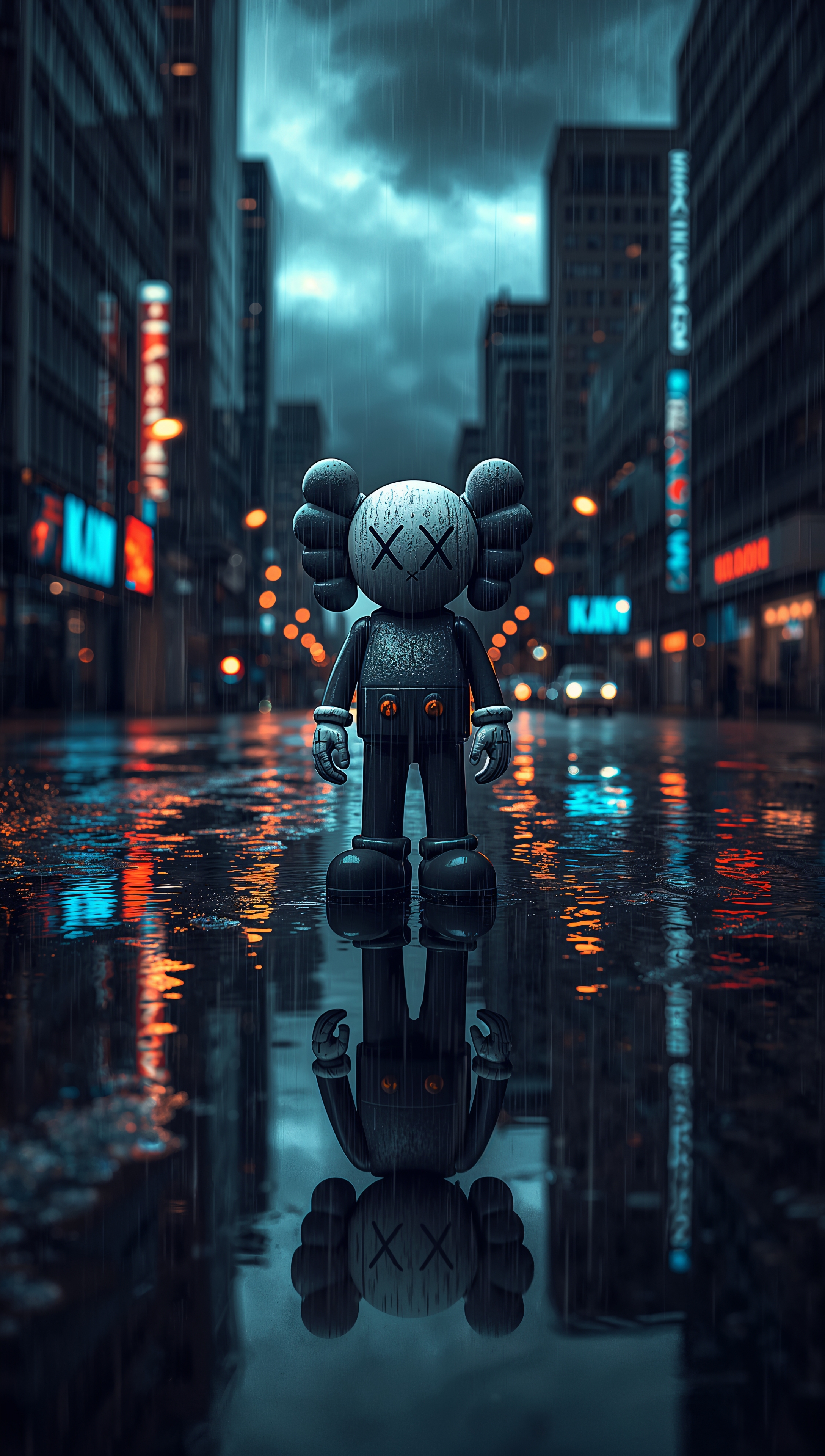 Kaws iPhone wallpaper – rainy city figure