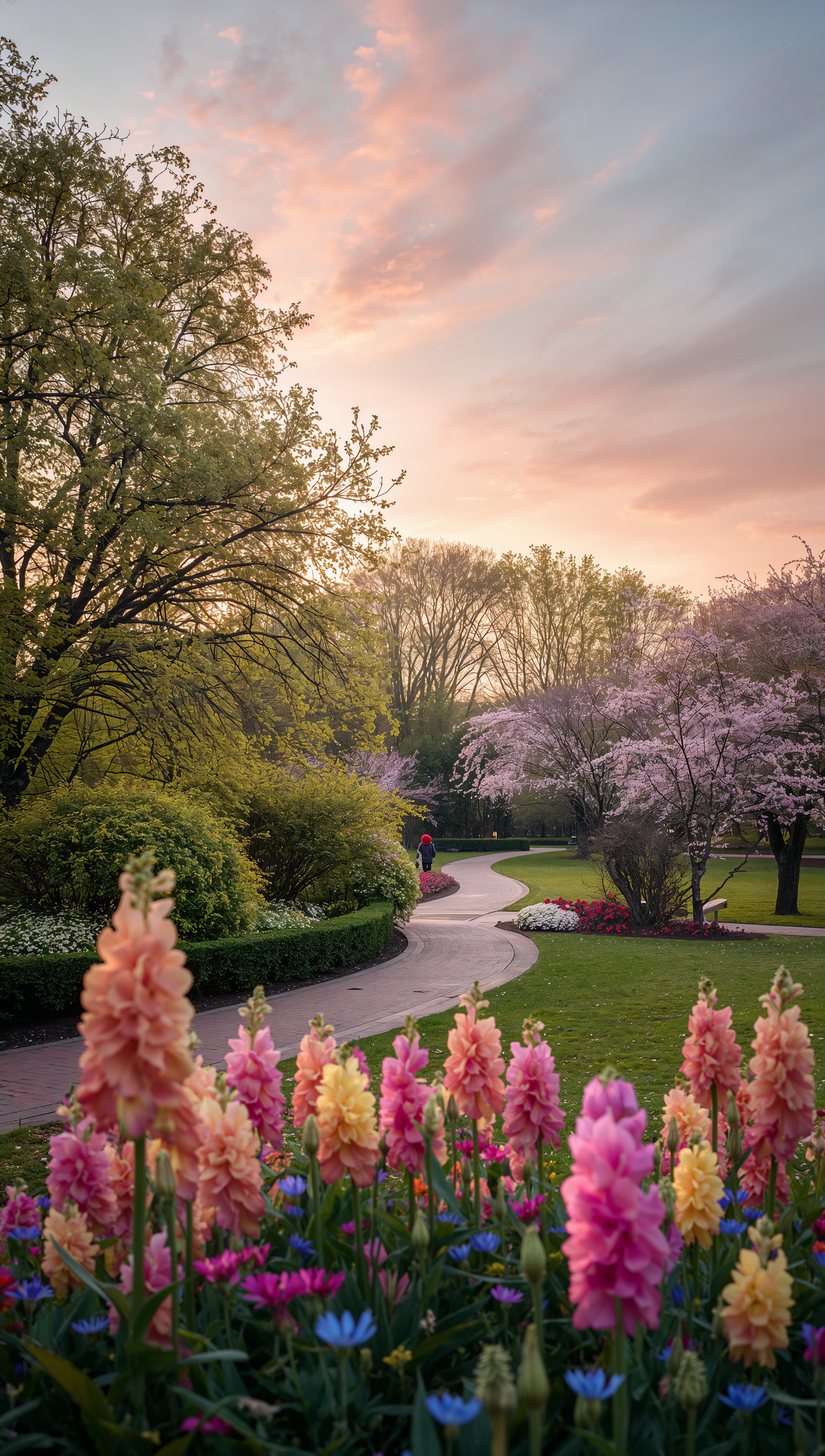May iPhone wallpaper – city park in spring sunrise