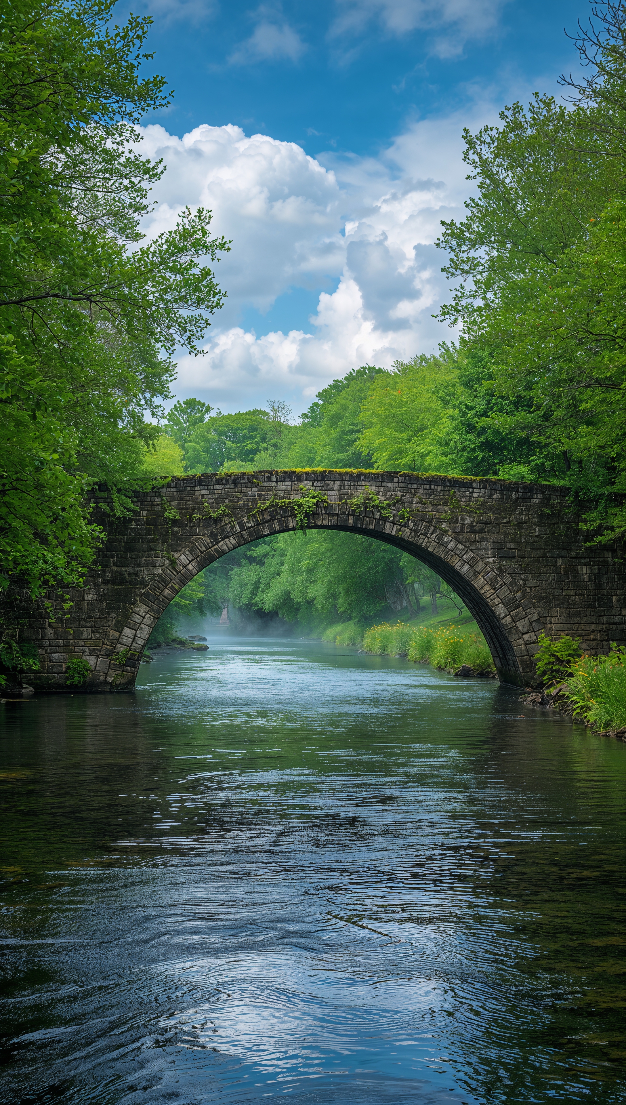 May iPhone wallpaper – stone bridge in spring river scene