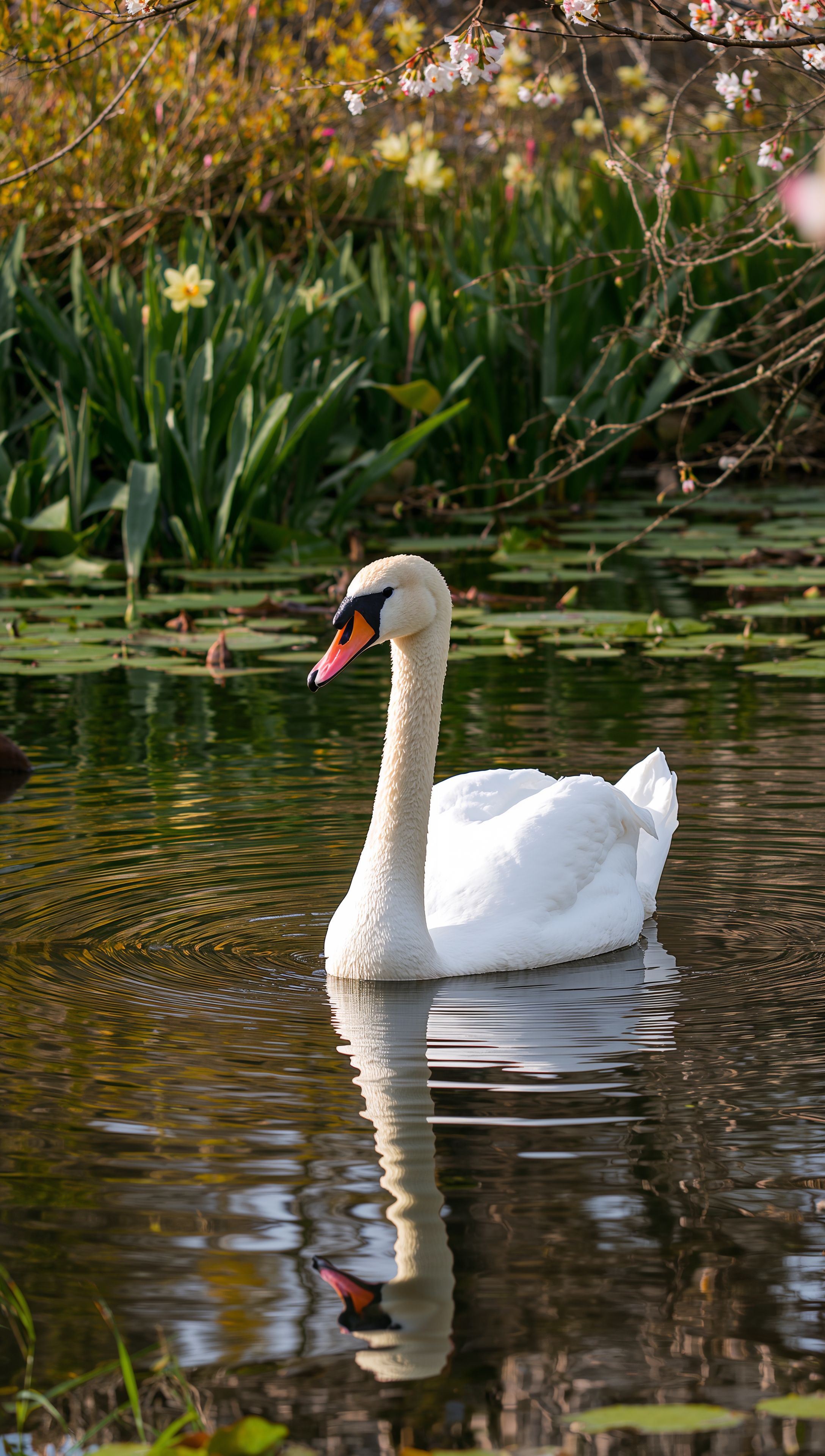 May iPhone wallpaper – swan in spring pond with flowers
