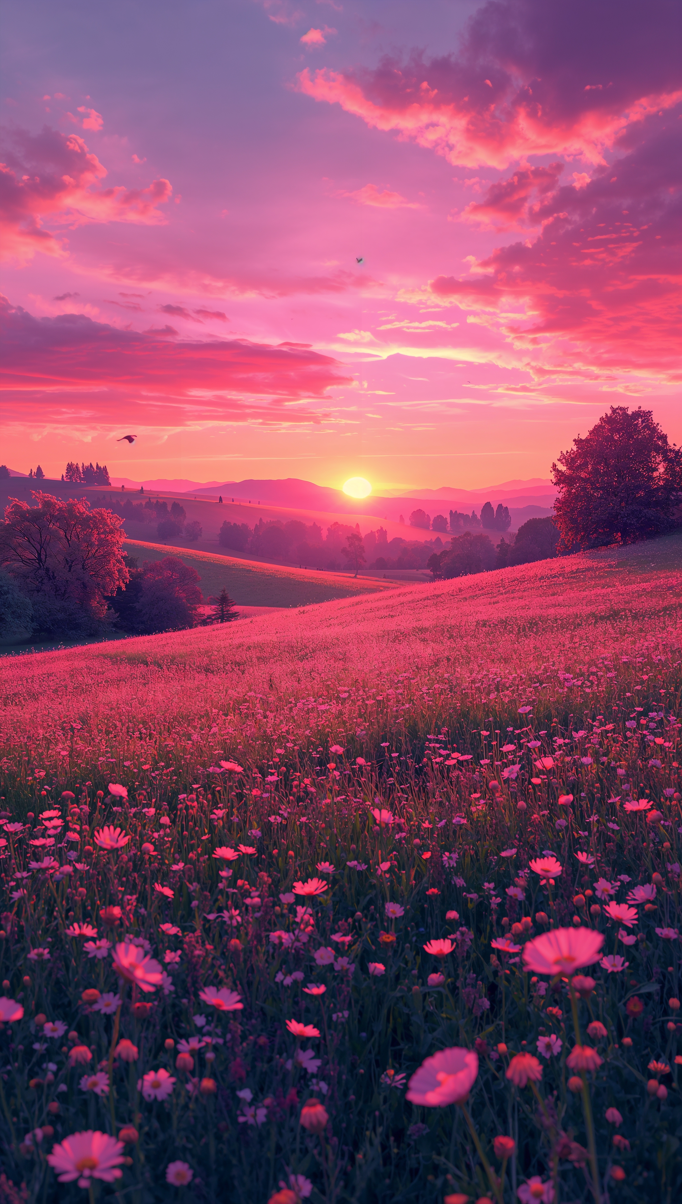 May iPhone wallpaper – pink sunset over spring fields