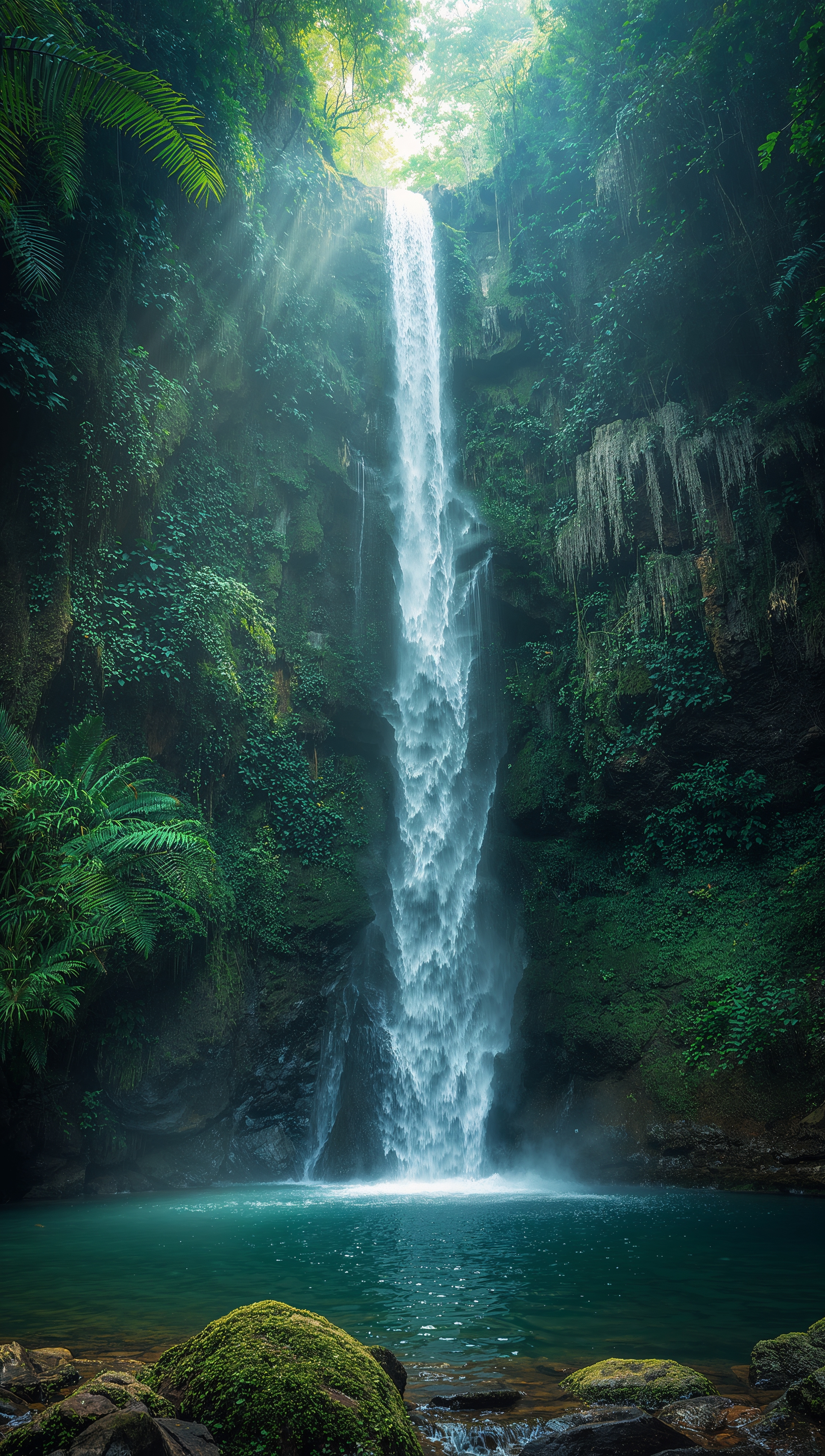 May iPhone wallpaper – spring waterfall in green forest