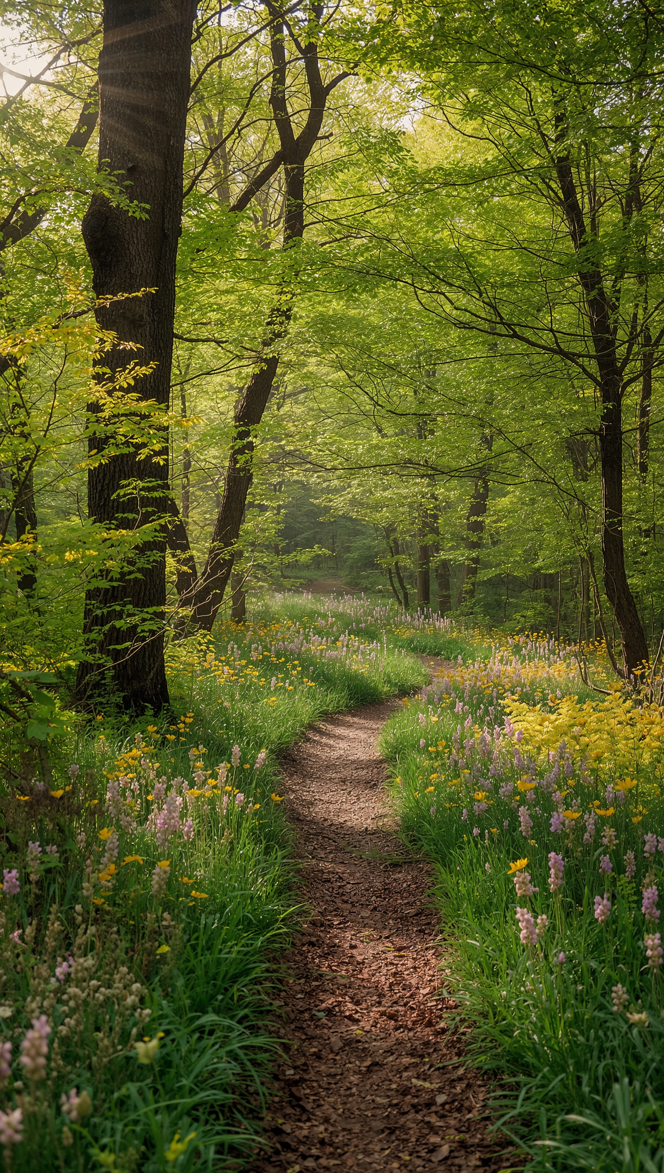 May iPhone wallpaper – forest trail with spring flowers