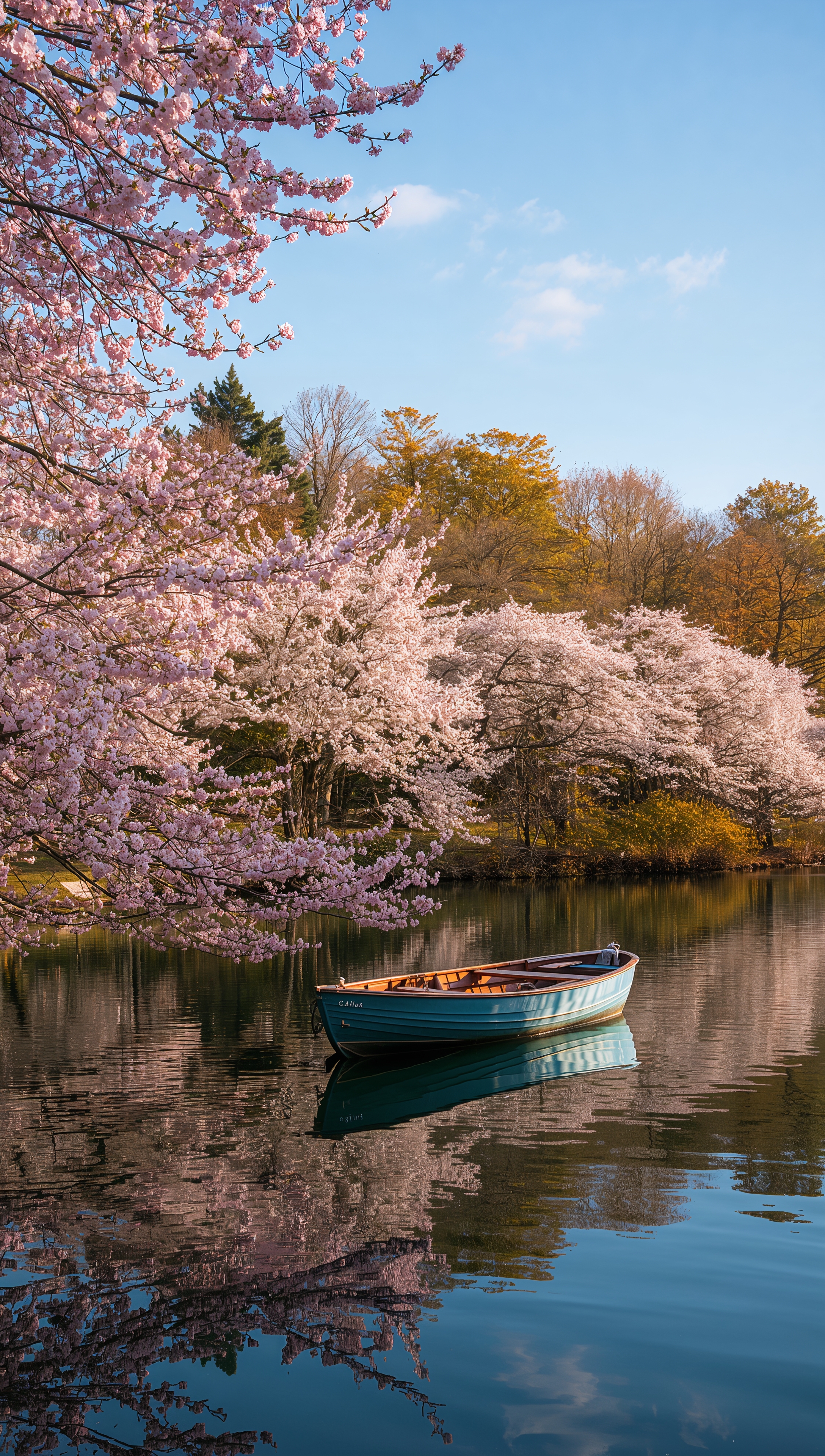 May iPhone wallpaper – boat on lake with spring blossoms