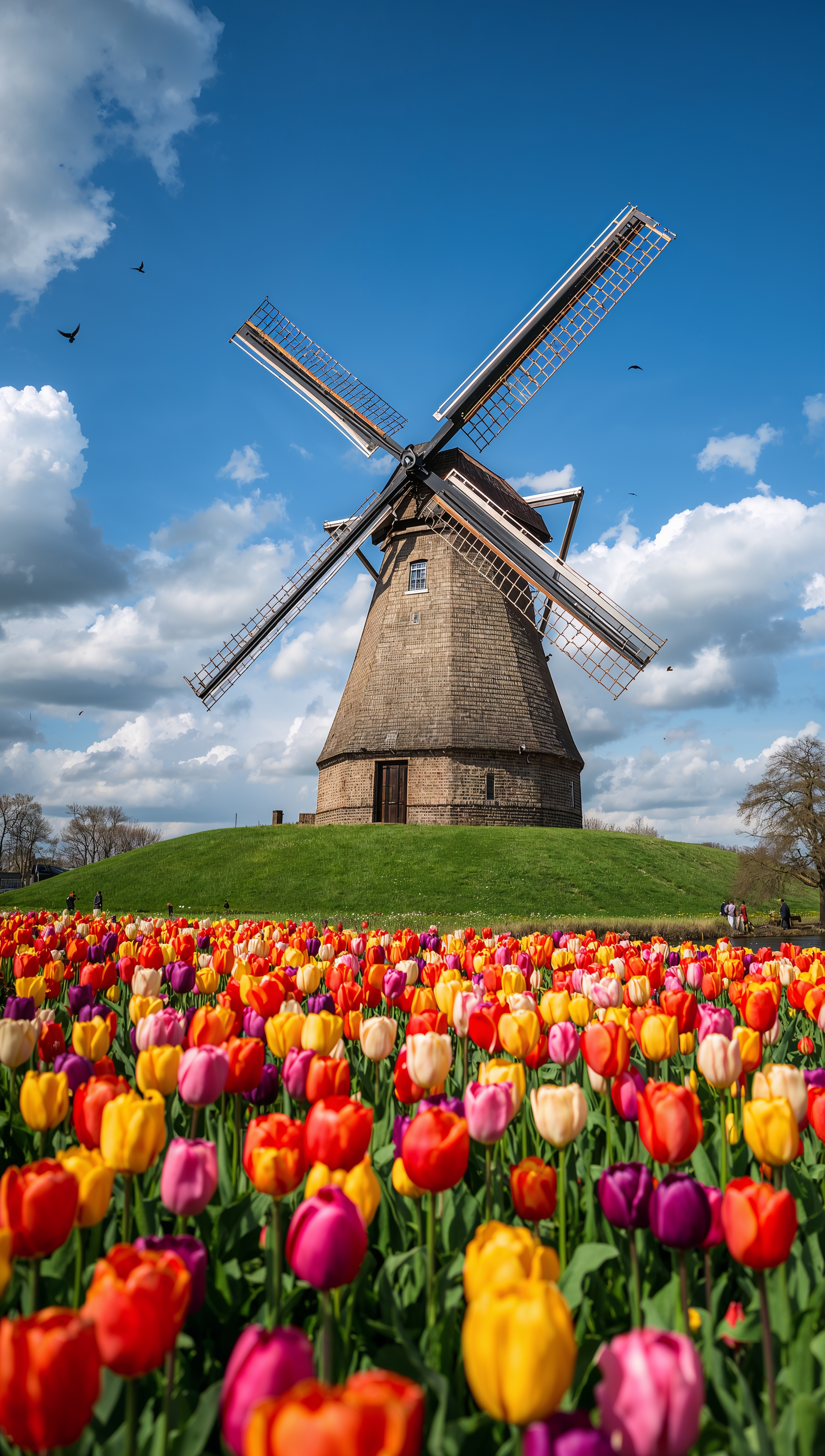 May iPhone wallpaper – windmill in spring tulip field