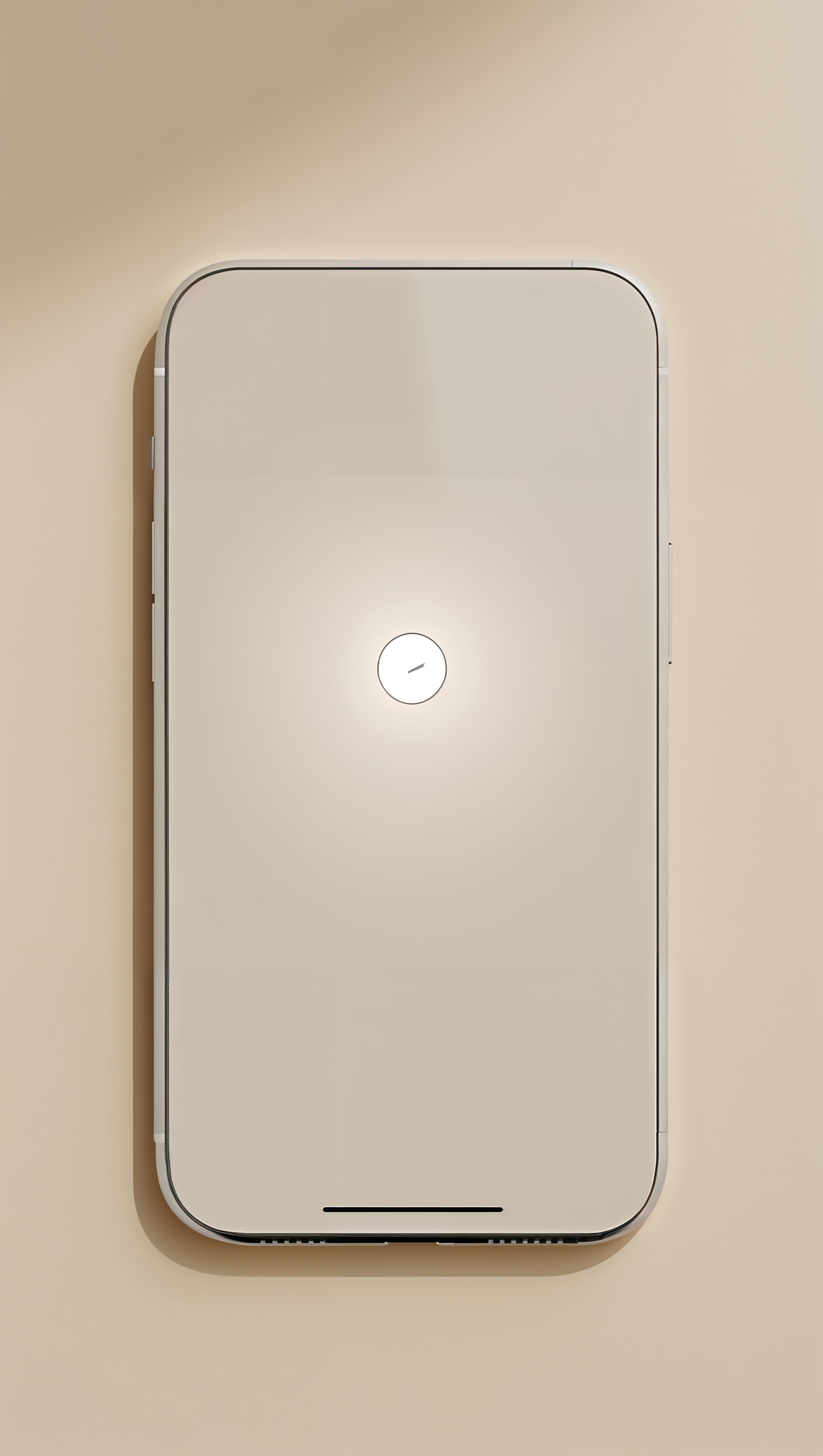 Plain soft beige background with centered tiny white dot, minimalist iPhone layout