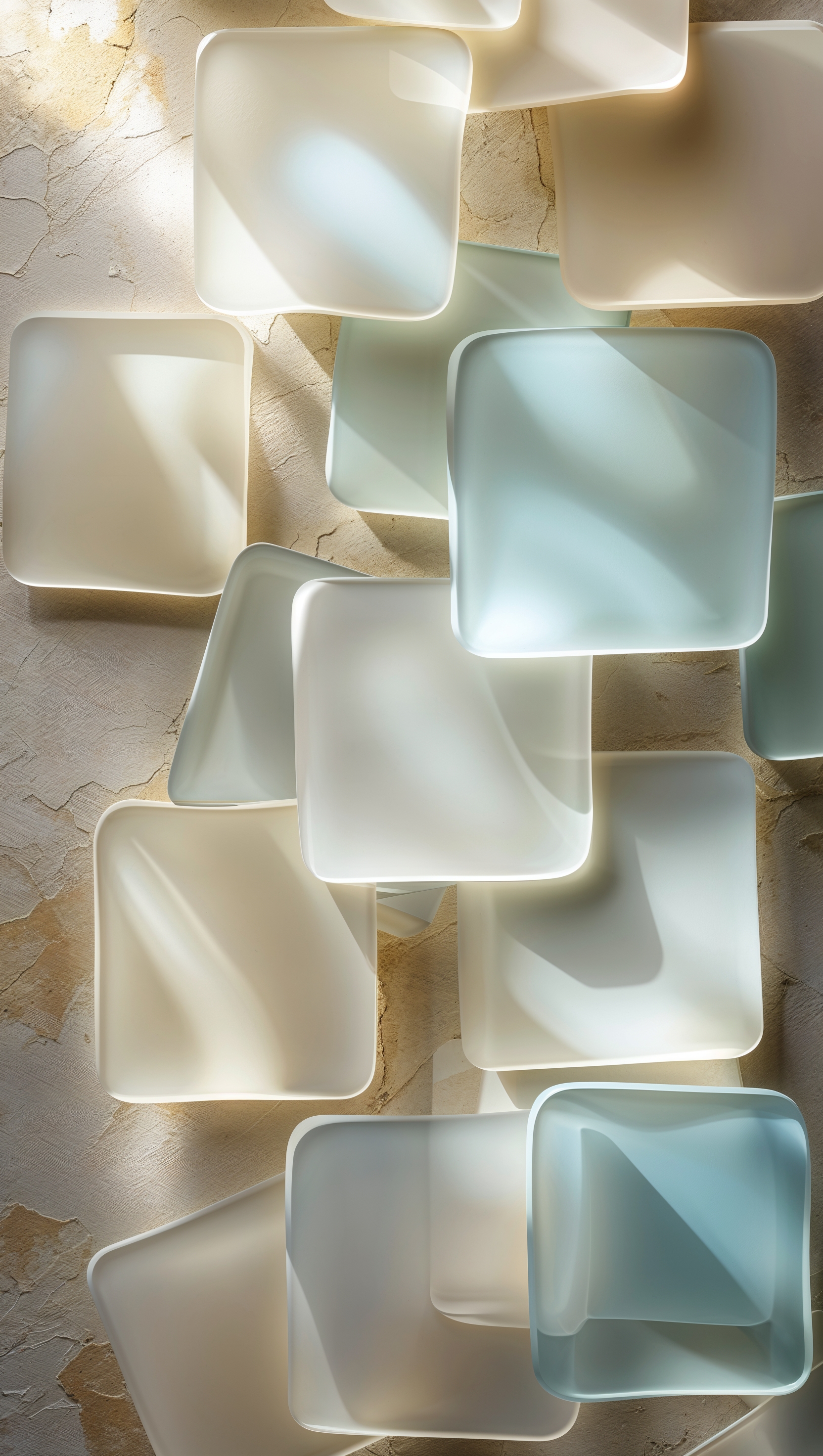Overlapping translucent squares in light tones on textured background