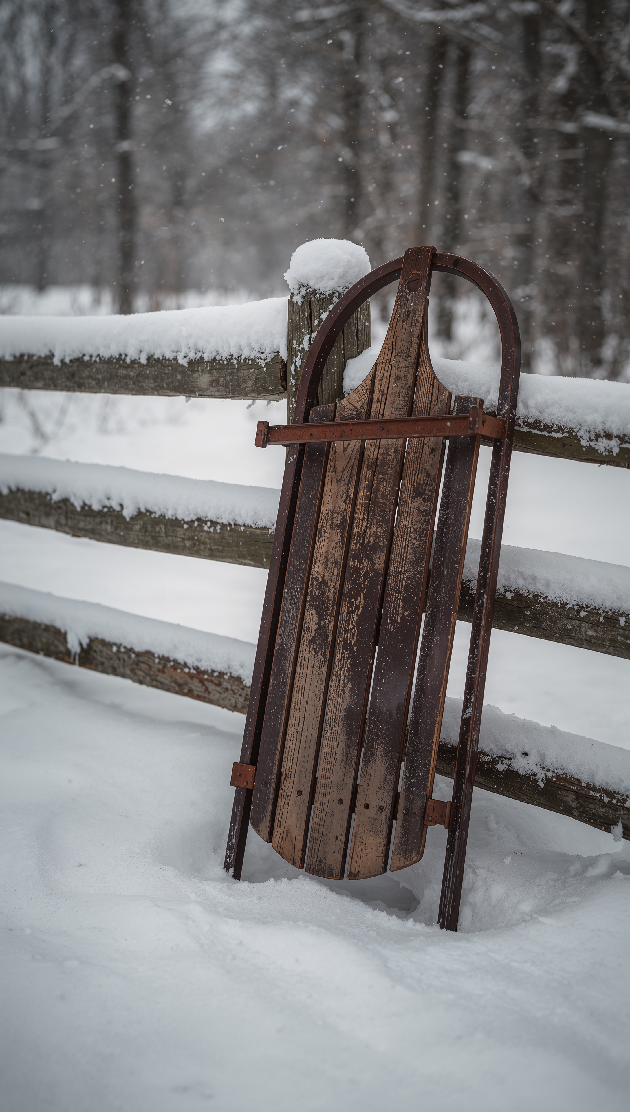 Wooden sled on snowy fence – December wallpaper