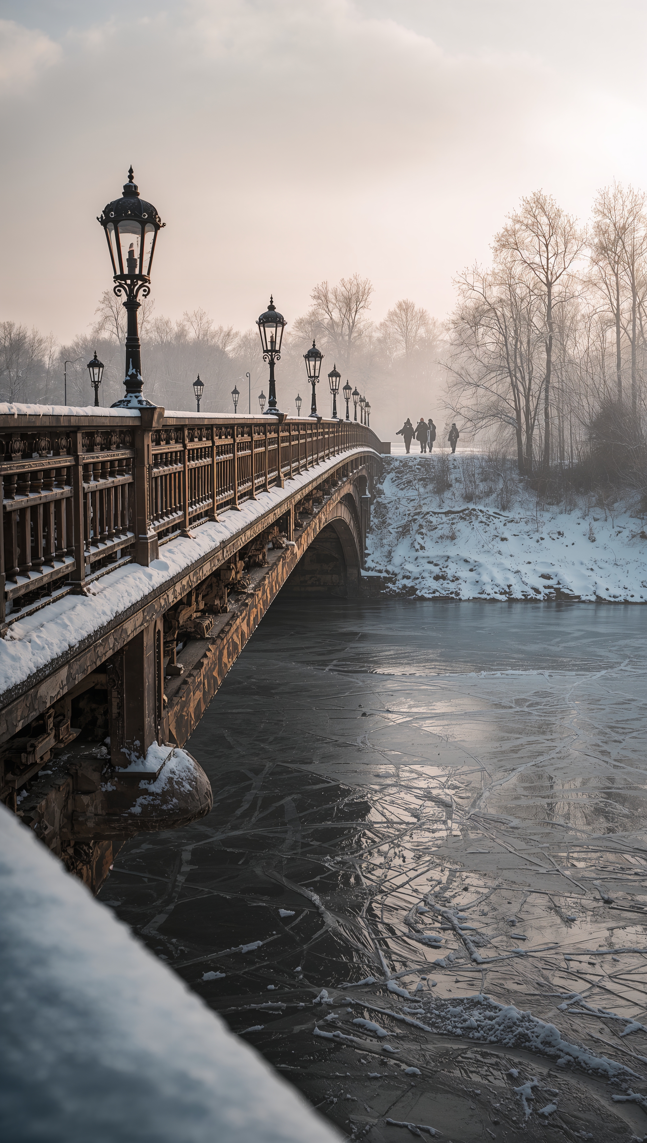 Snowy bridge over frozen river – December wallpaper
